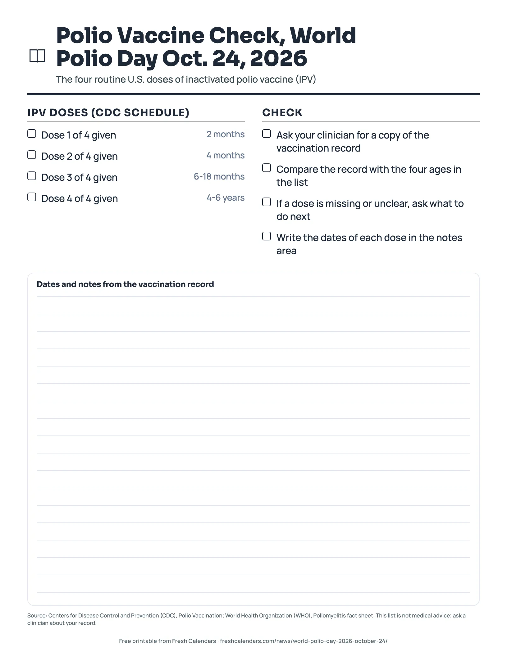 Printable polio vaccine check for World Polio Day Oct. 24, 2026 listing the four inactivated polio vaccine doses by age with tick boxes, ink-saver version