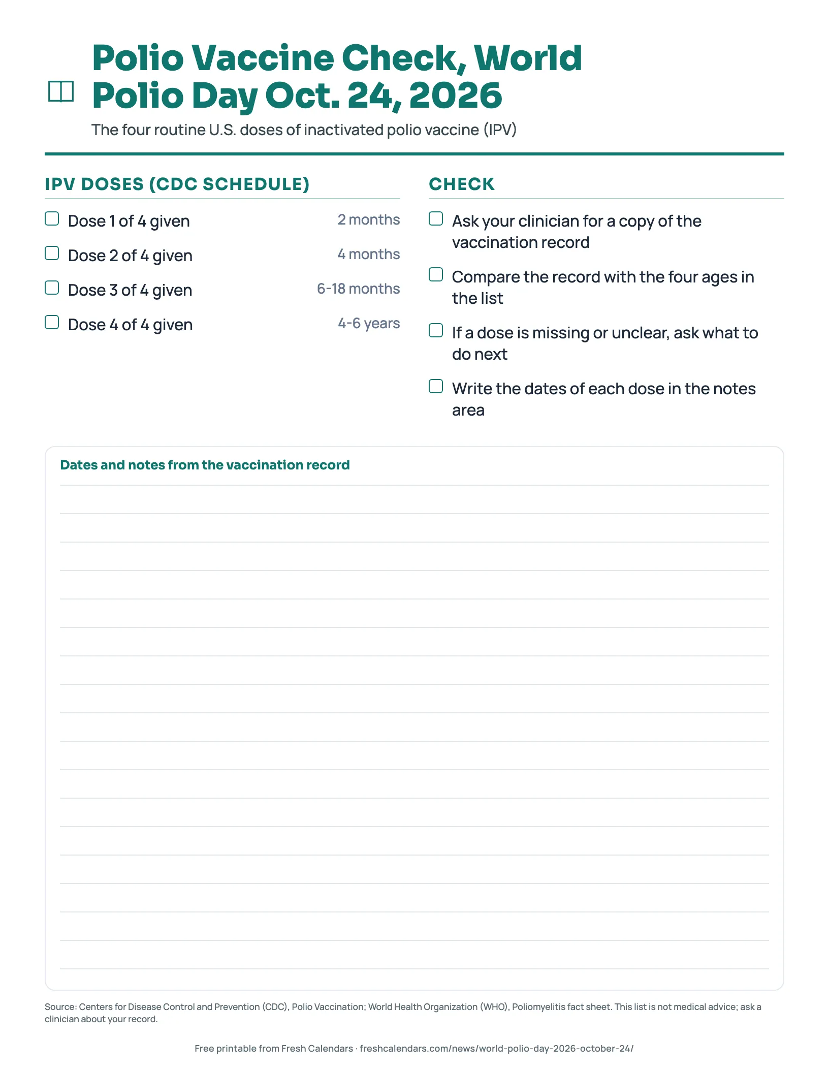 Printable polio vaccine check for World Polio Day Oct. 24, 2026 listing the four inactivated polio vaccine doses by age with tick boxes