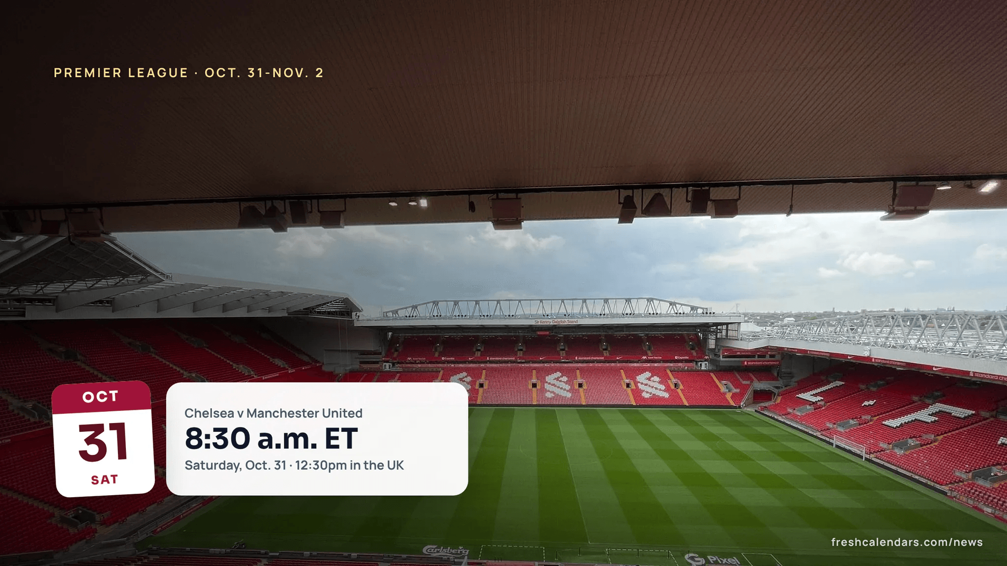 Premier League fixtures this weekend: Anfield, home of Liverpool, with its red stands and pitch