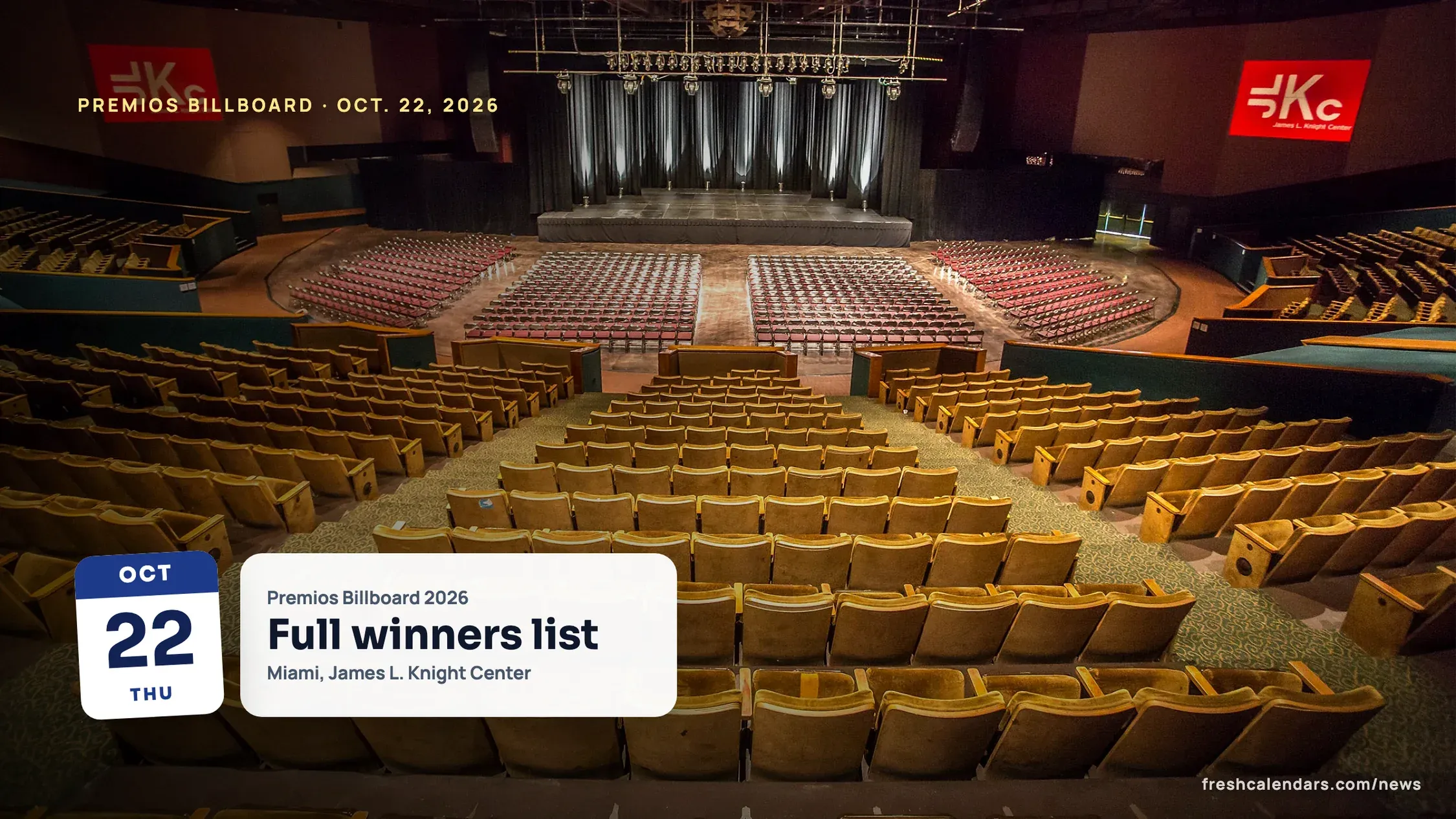 Premios Billboard 2026 winners: the empty theater of the James L. Knight Center in Miami, rows of seats facing a lit stage