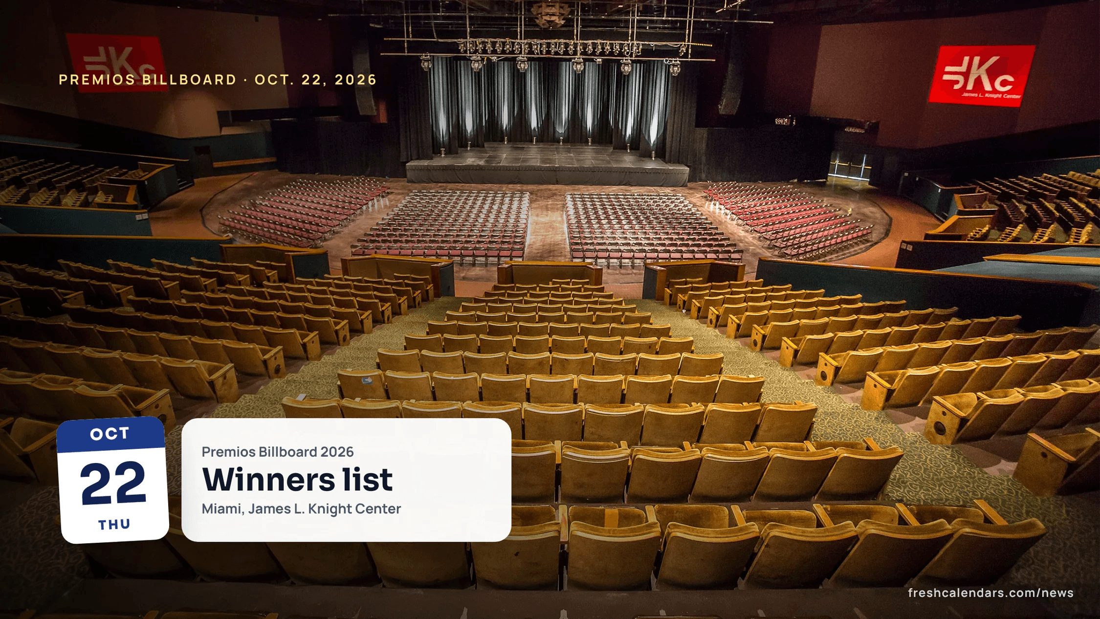 Premios Billboard 2026 winners: the empty theater of the James L. Knight Center in Miami, rows of seats facing a lit stage