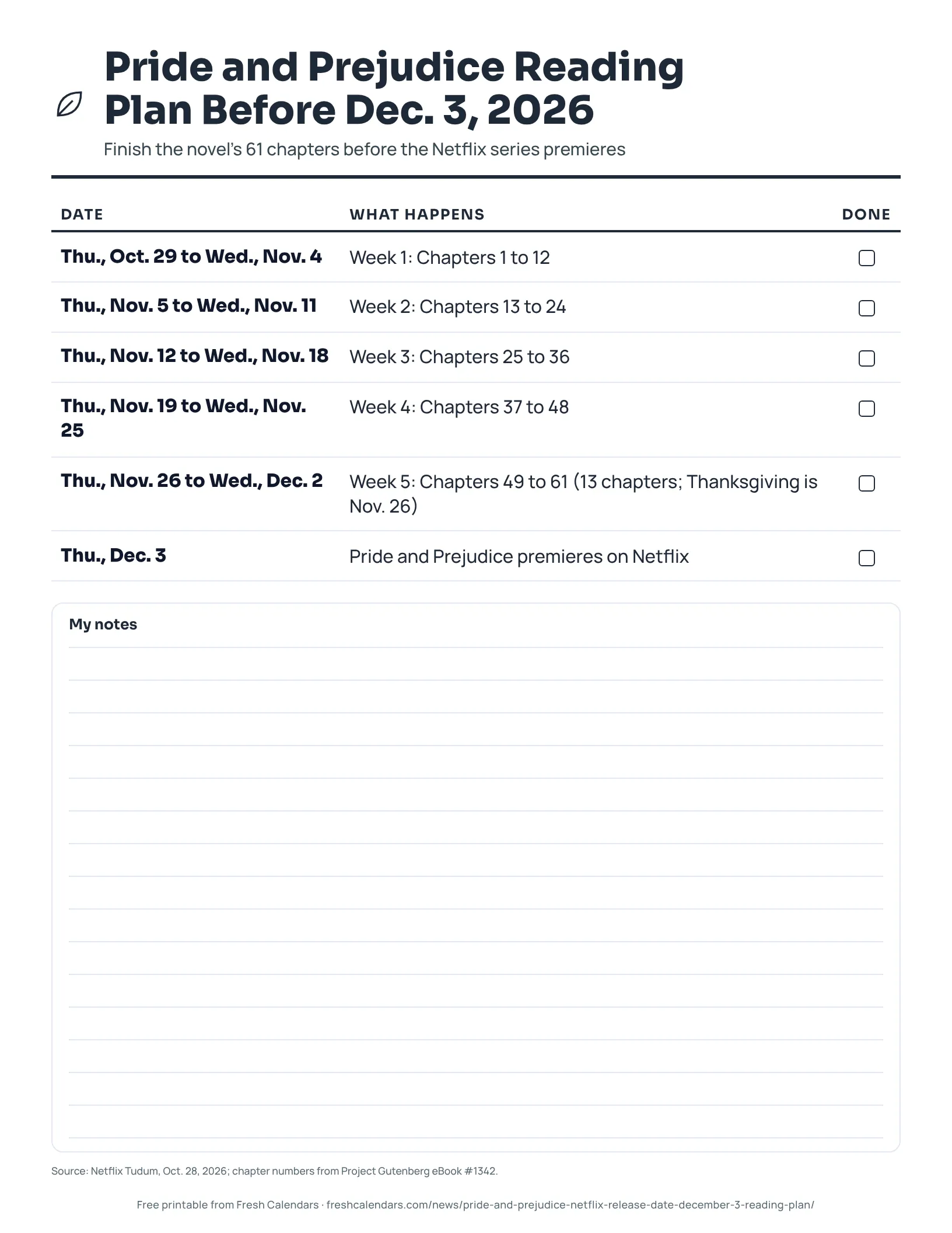 Pride and Prejudice Reading Plan Before Dec. 3, 2026 (ink saver) Printable Pride and Prejudice reading plan with five weekly chapter ranges, the Dec. 3, 2026 Netflix premiere and a tick box for each row, ink-saver version