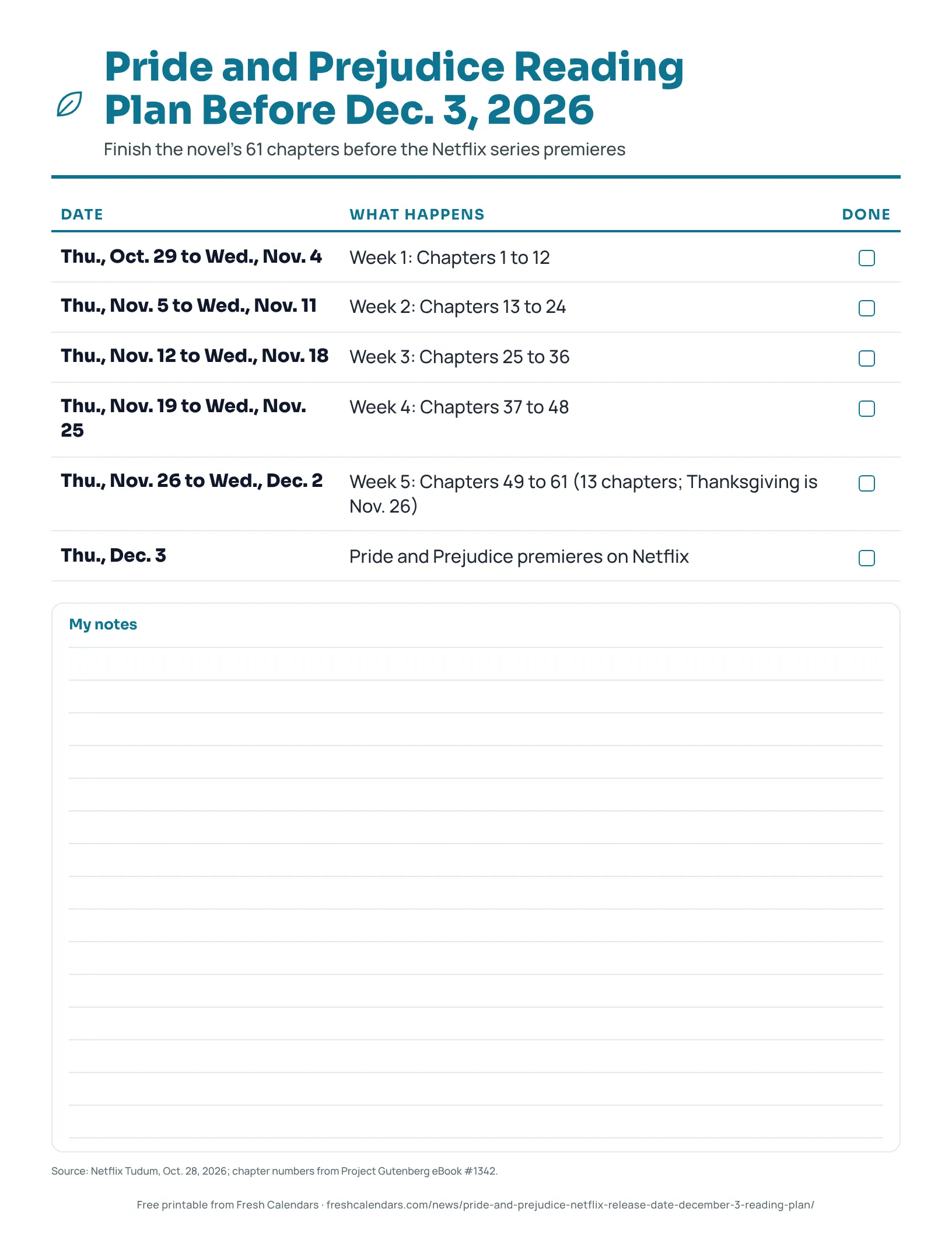 Pride and Prejudice Reading Plan Before Dec. 3, 2026 Printable Pride and Prejudice reading plan with five weekly chapter ranges, the Dec. 3, 2026 Netflix premiere and a tick box for each row