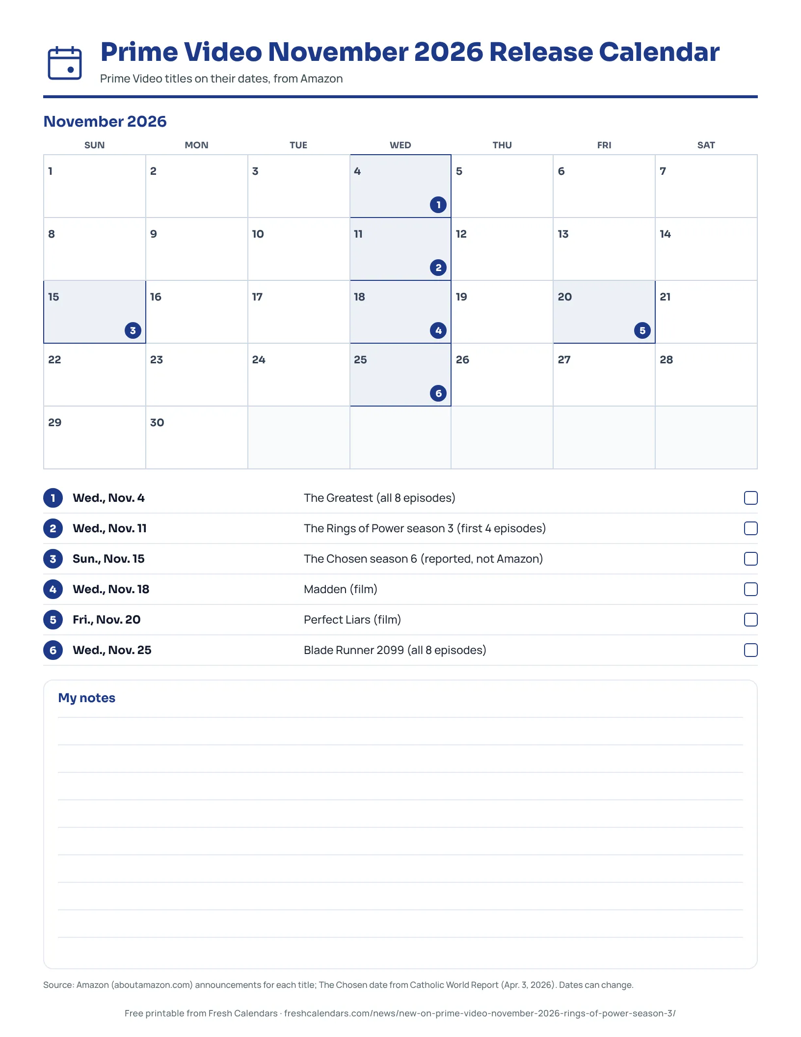 Prime Video November 2026 Release Calendar Printable Prime Video November 2026 month calendar with titles marked on their release dates