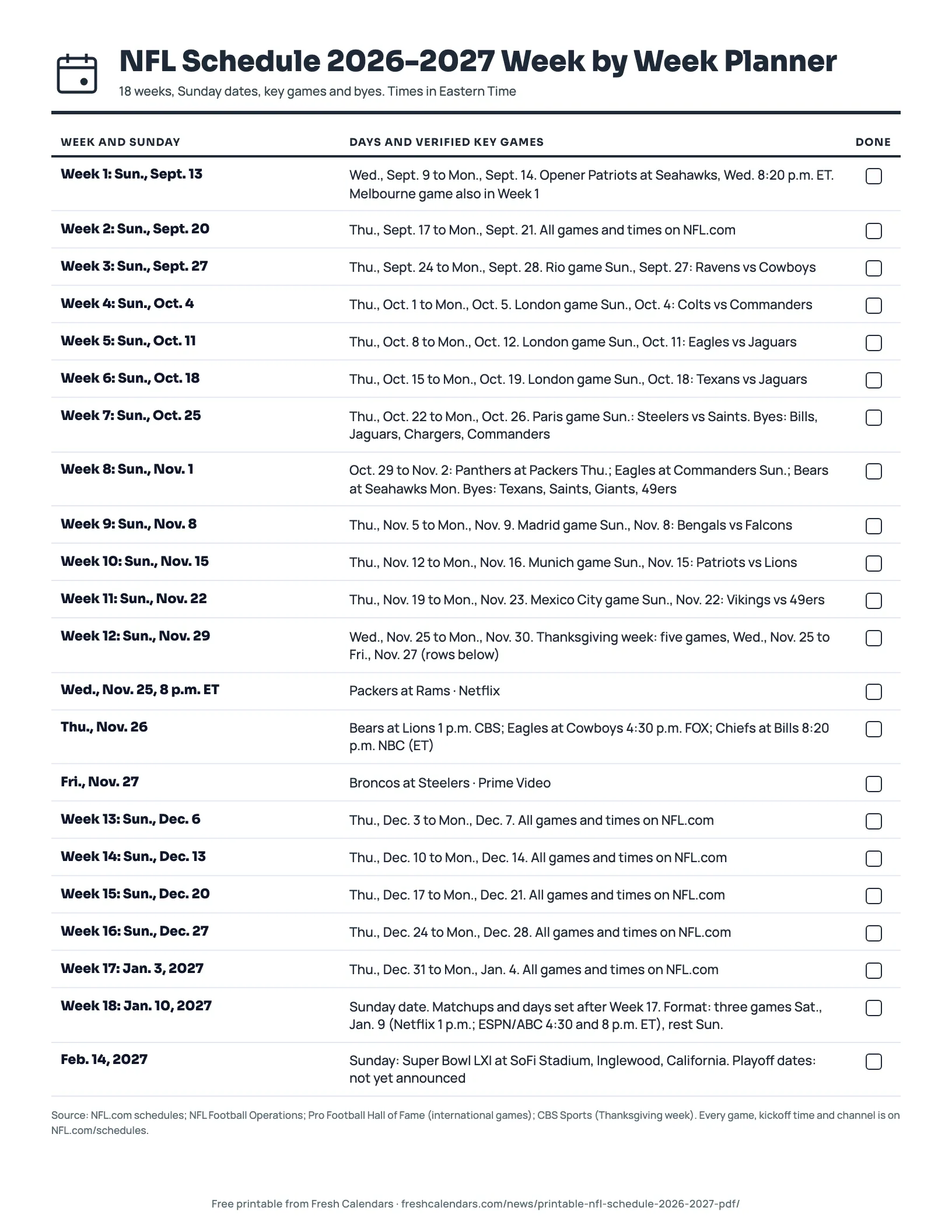 NFL Schedule 2026-2027 Week by Week Planner (ink saver) Printable NFL schedule 2026-2027 week-by-week planner listing 18 regular-season weeks with Sunday dates and key games, ink-saver version