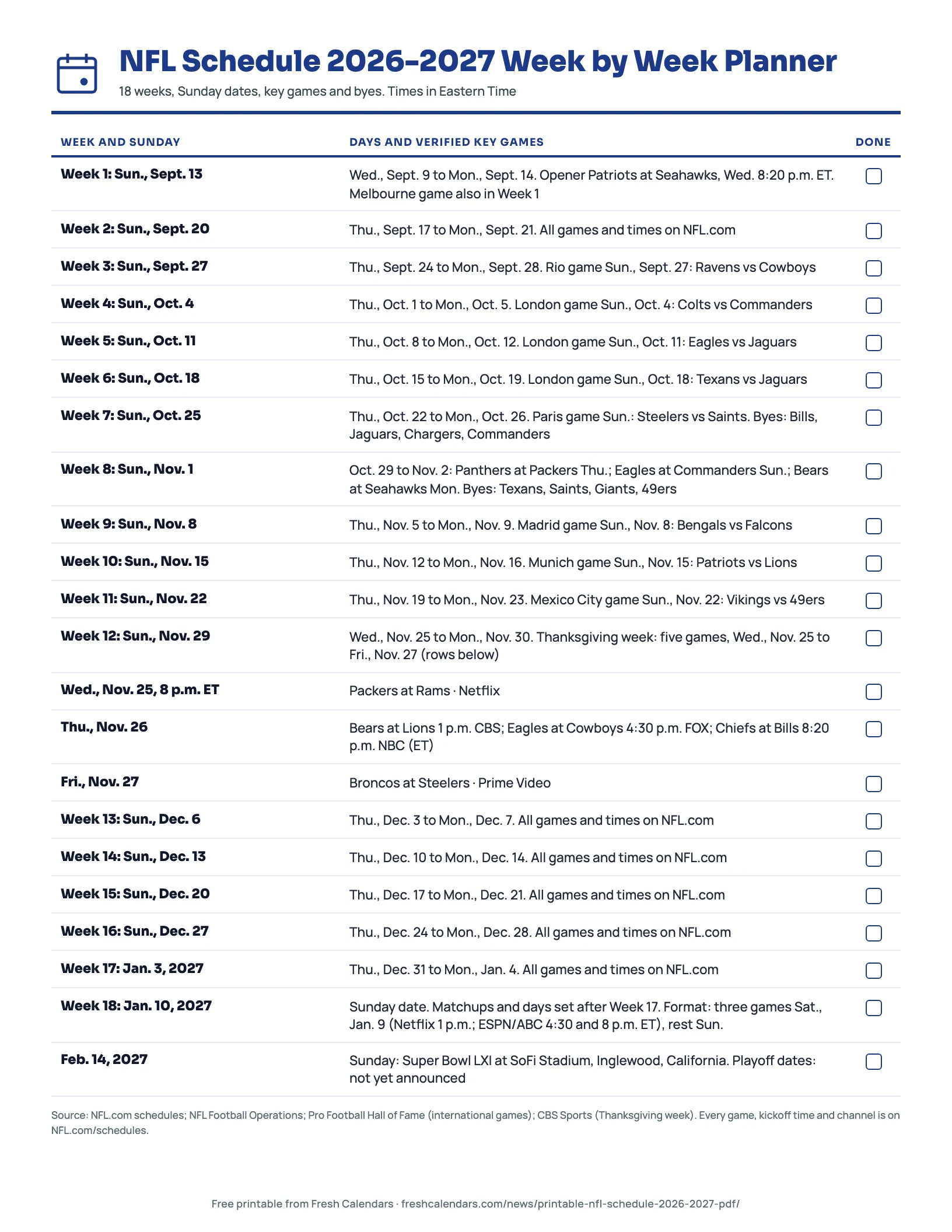 NFL Schedule 2026-2027 Week by Week Planner Printable NFL schedule 2026-2027 week-by-week planner listing 18 regular-season weeks with Sunday dates and key games