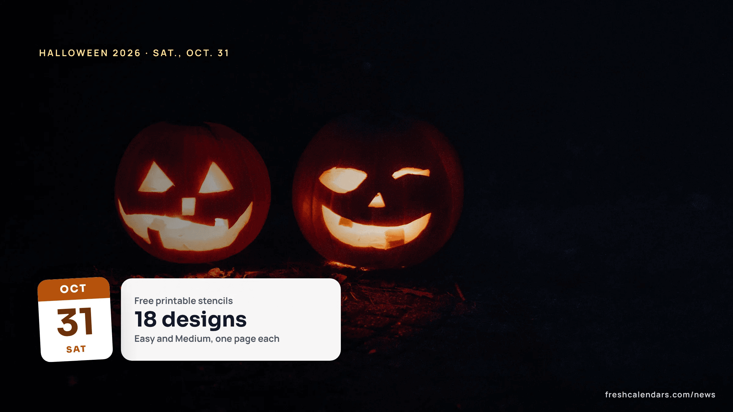 Two carved jack-o'-lanterns glowing in the dark, the kind of faces our printable pumpkin carving templates help you trace