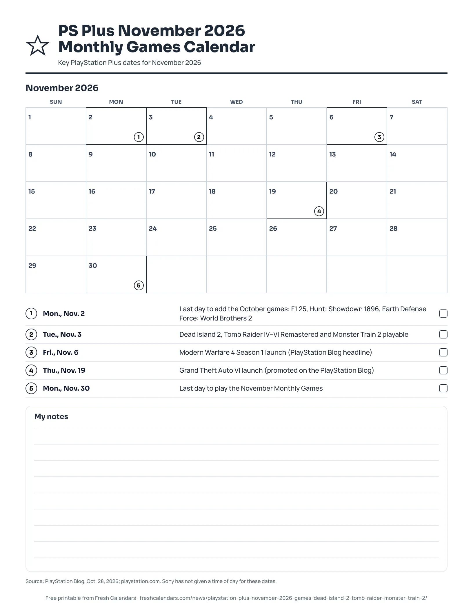PS Plus November 2026 Monthly Games Calendar (ink saver) Printable PS Plus November 2026 month calendar with the Monthly Games dates marked, ink-saver version
