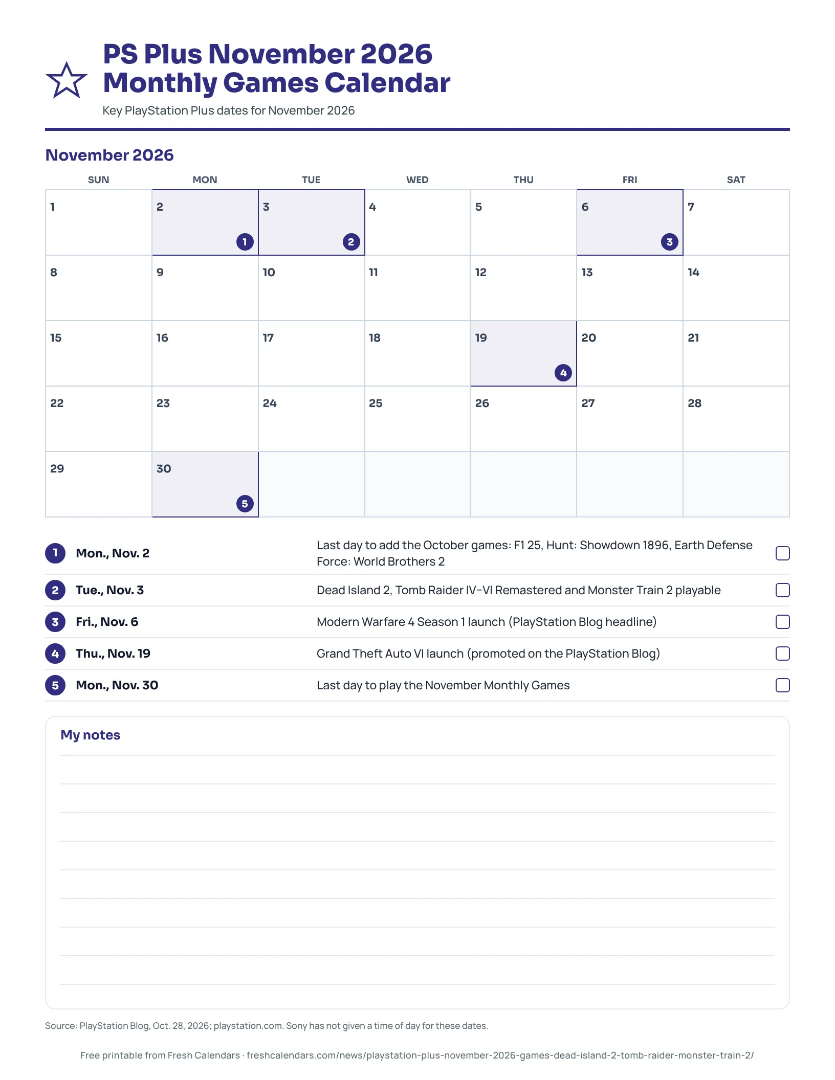 PS Plus November 2026 Monthly Games Calendar Printable PS Plus November 2026 month calendar with the Monthly Games dates marked
