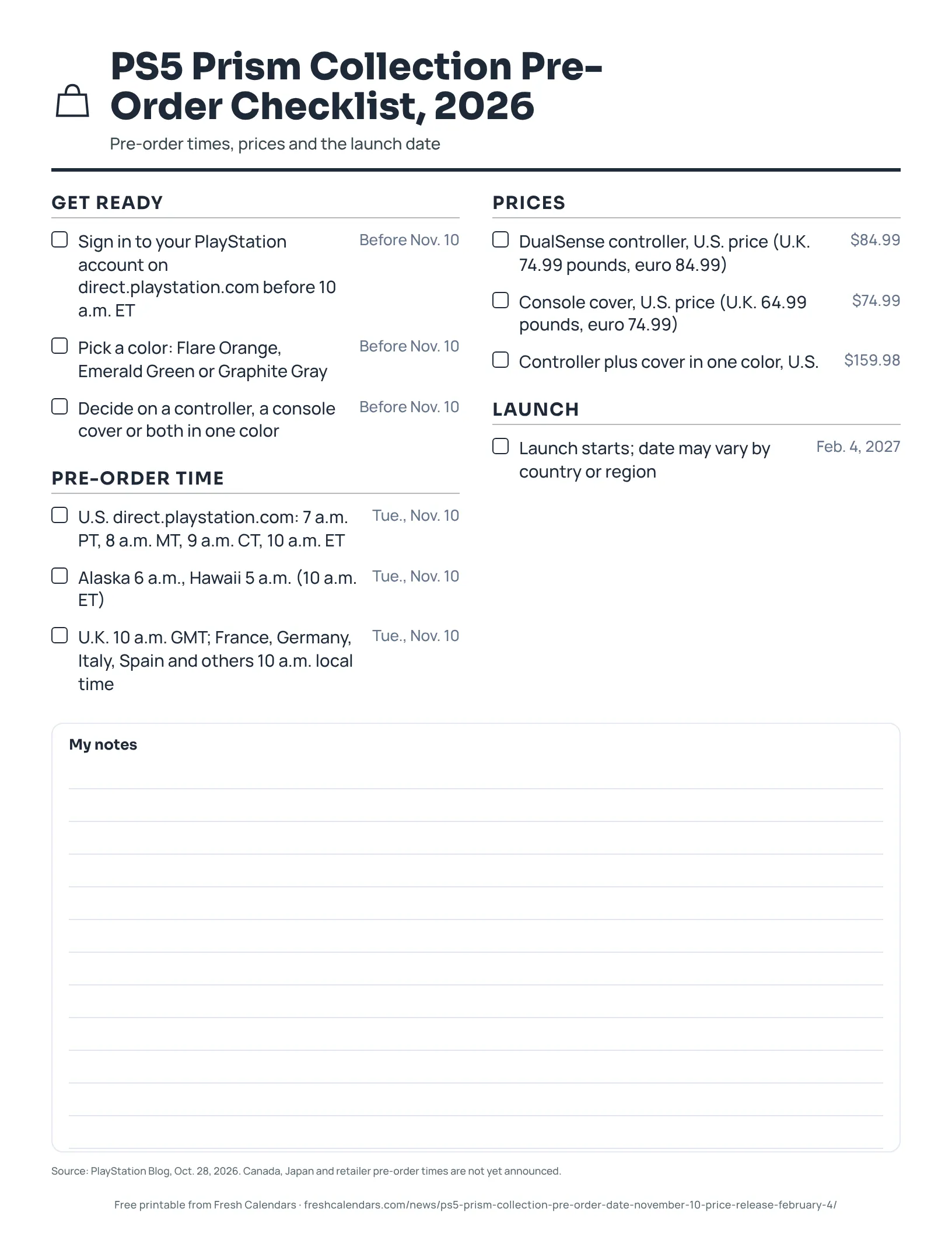PS5 Prism Collection pre-order checklist for Nov. 10, 2026 with times by time zone, prices and the Feb. 4, 2027 launch, ink-saver version