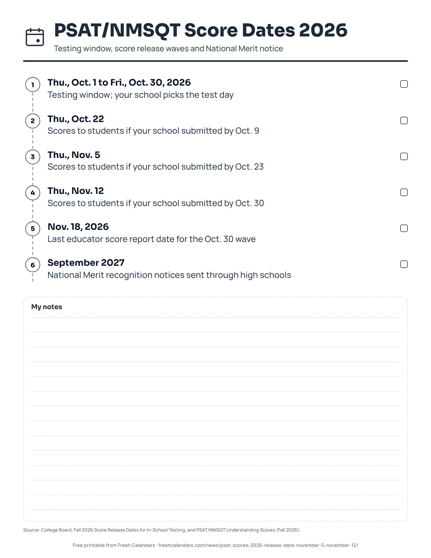 PSAT/NMSQT Score Dates 2026 (ink saver) PSAT/NMSQT score dates 2026 printable timeline from the Oct. 1-30 testing window to September 2027, ink-saver version
