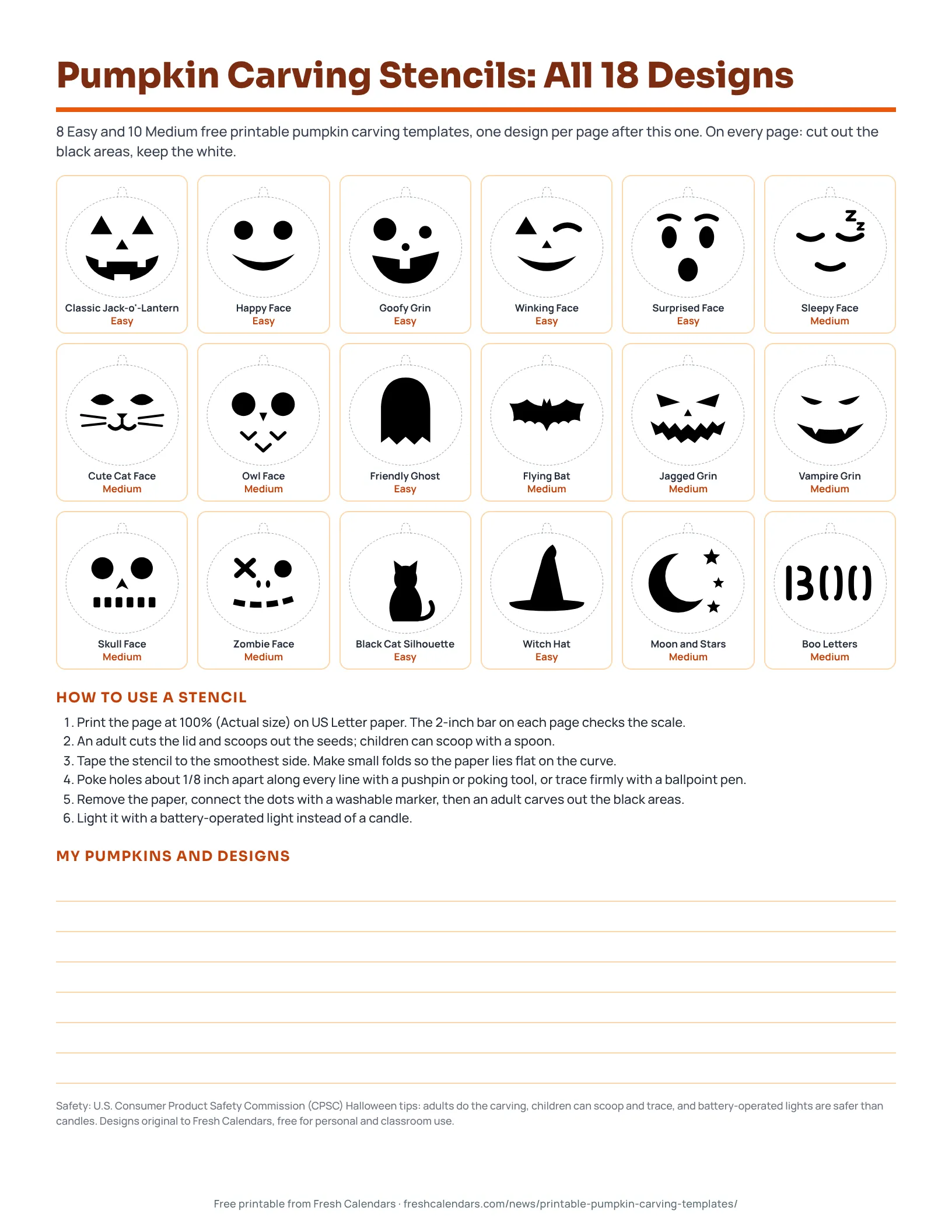 Pumpkin Carving Stencils: All 18 Designs Cover of the printable pumpkin carving templates pack showing all 18 stencil designs with Easy and Medium labels