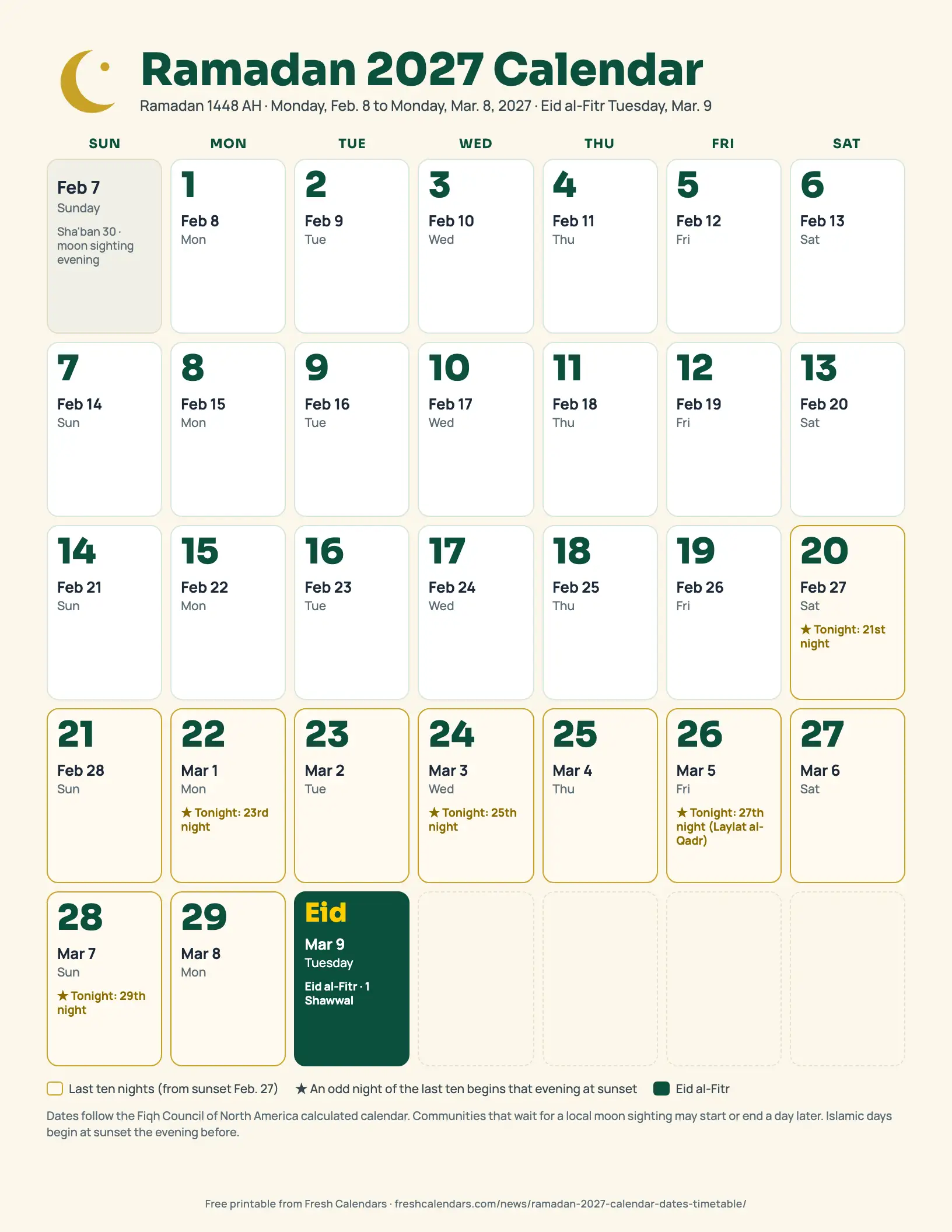 Ramadan 2027 calendar printable: Ramadan days 1 to 29 from Feb. 8 to March 8, 2027, with the last ten nights and Eid al-Fitr marked