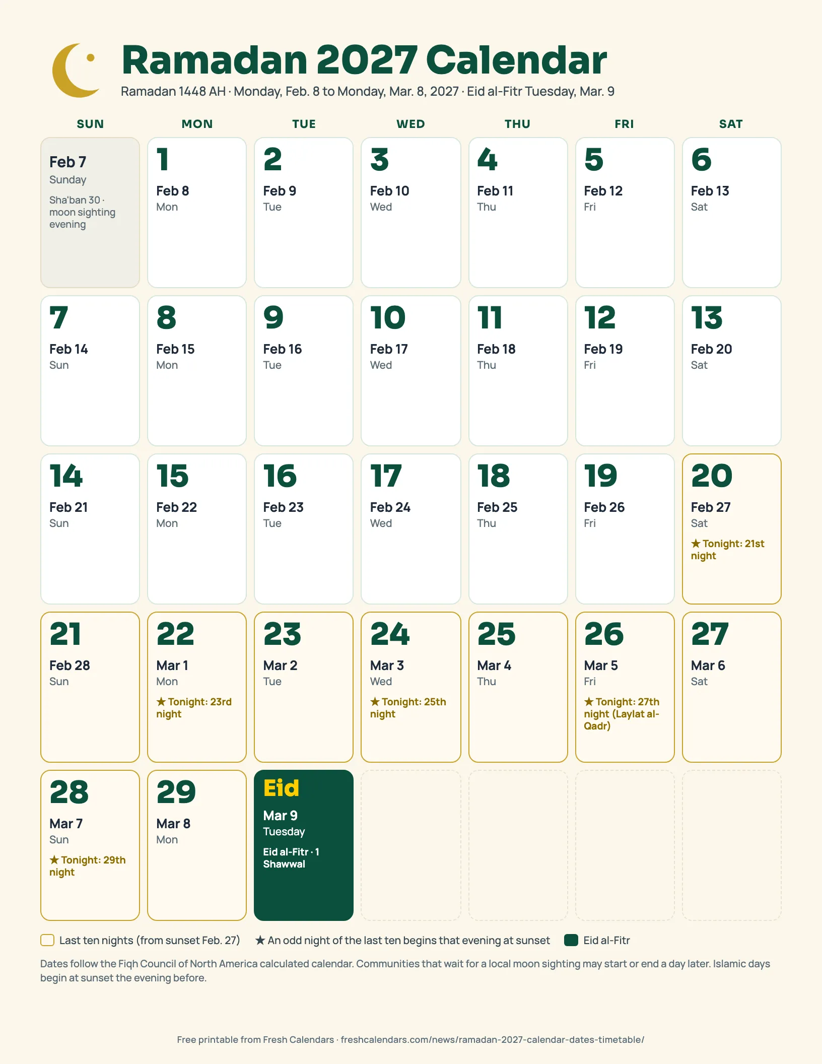 Ramadan 2027 calendar printable: Ramadan days 1 to 29 from Feb. 8 to March 8, 2027, with the last ten nights and Eid al-Fitr marked