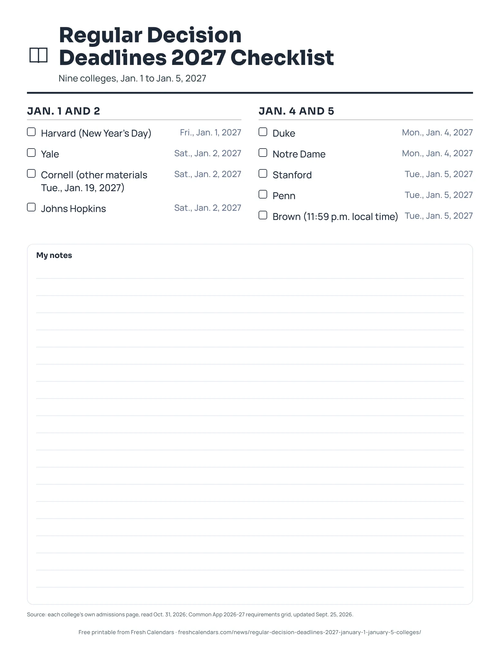Checklist of nine Regular Decision deadlines from Jan. 1 to Jan. 5, 2027, ink-saver version