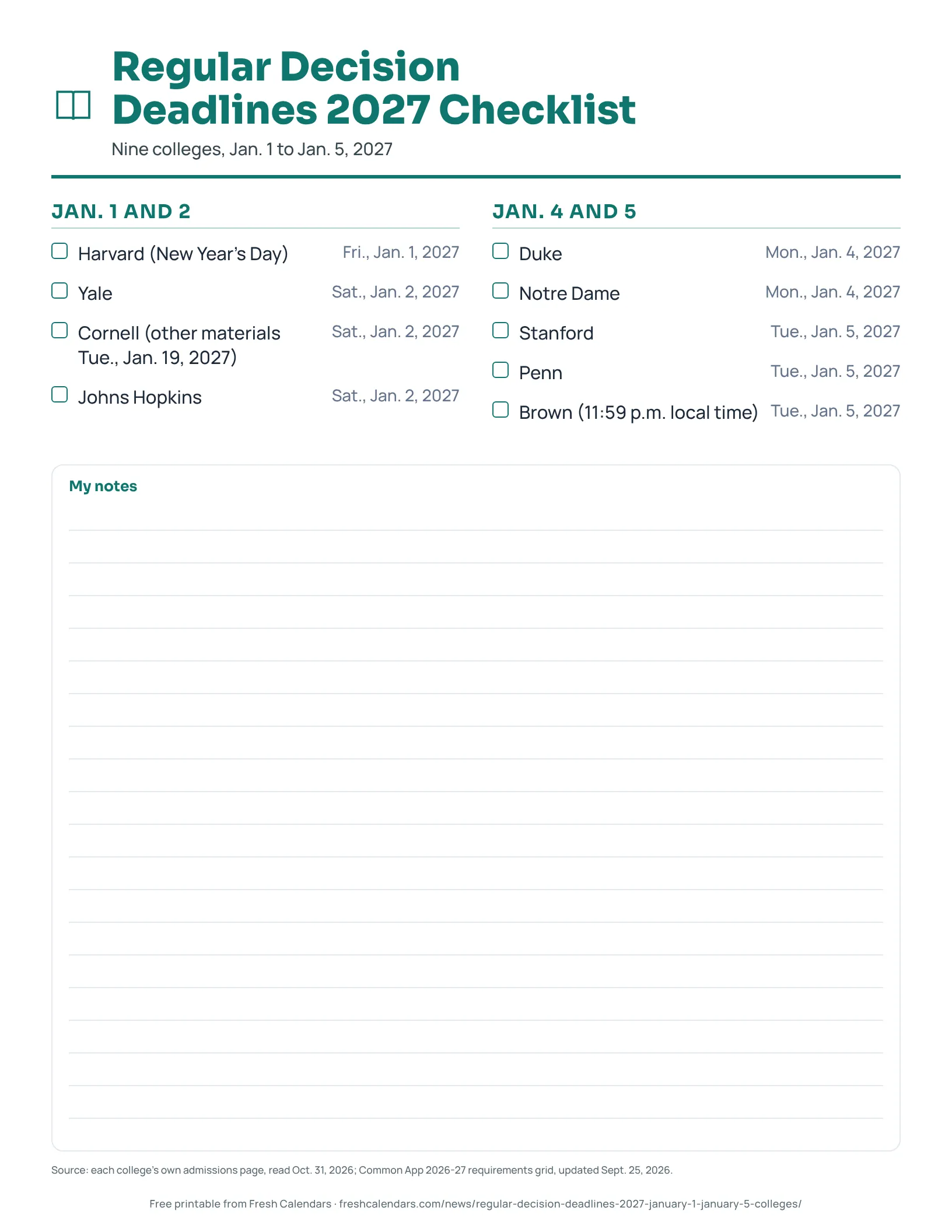 Checklist of nine Regular Decision deadlines from Jan. 1 to Jan. 5, 2027