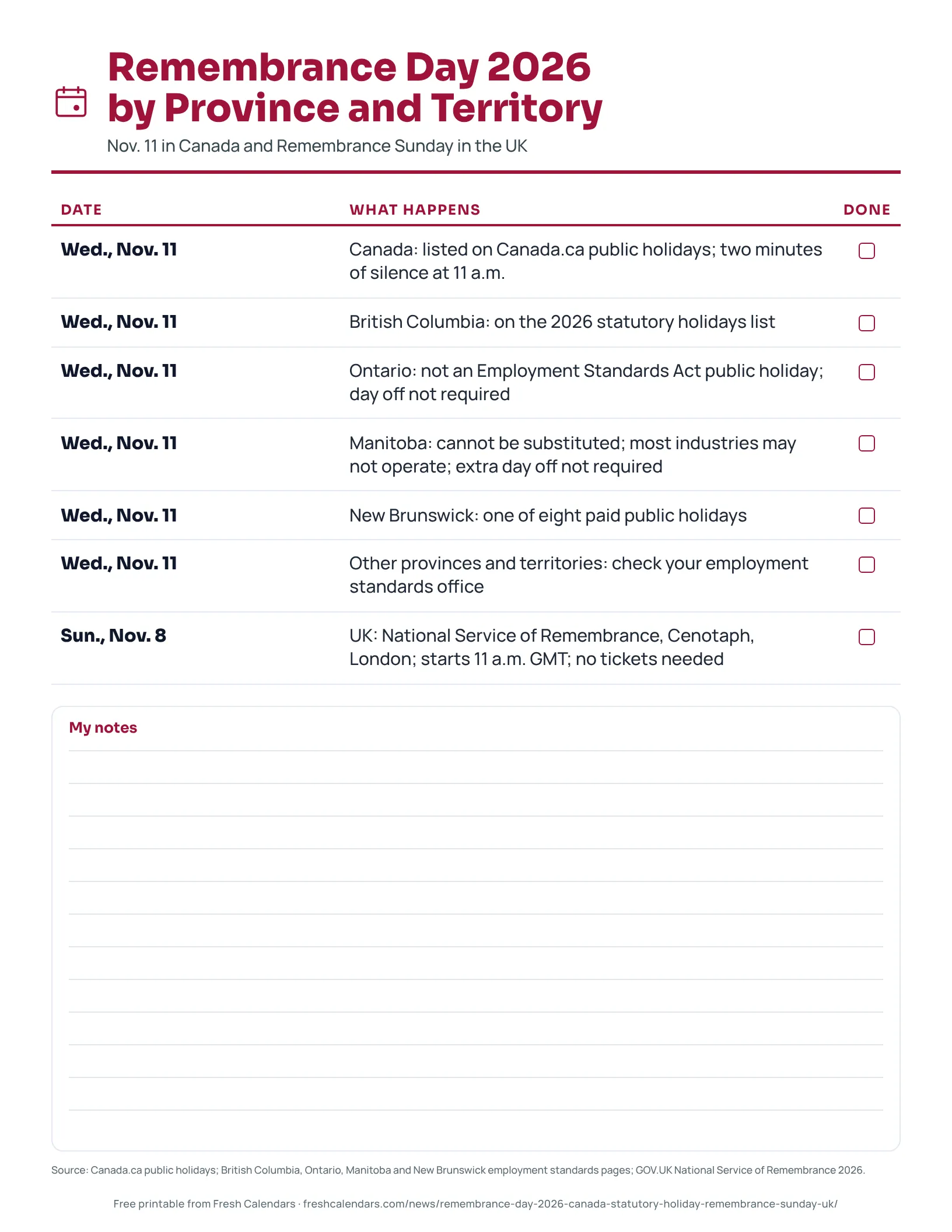 Printable list of Remembrance Day 2026 rules by province and territory, with UK Remembrance Sunday on Nov. 8.