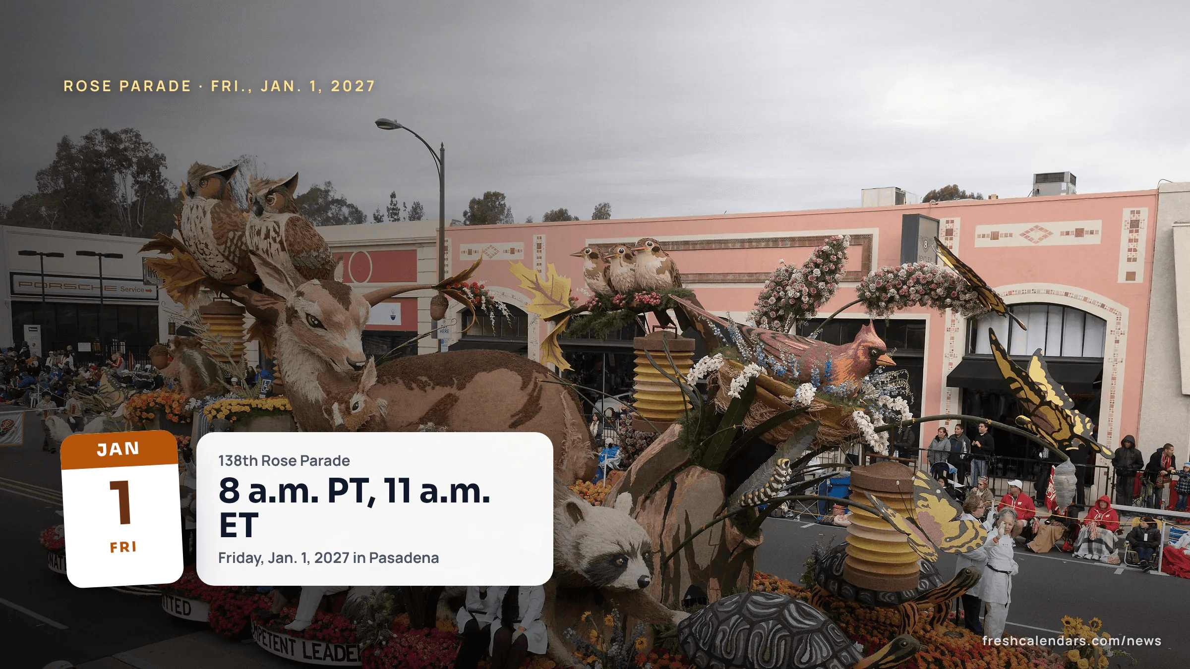 Flower-covered animal float rolling down Colorado Boulevard in the Rose Parade in Pasadena, the event that returns Jan. 1, 2027