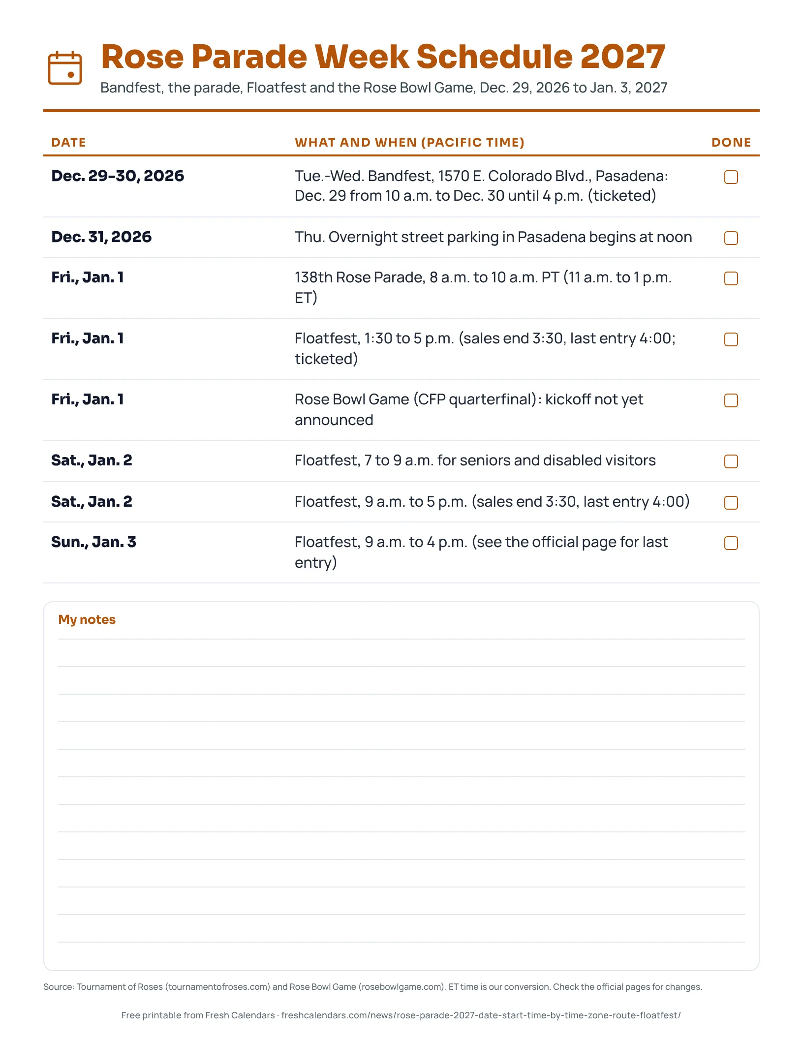 Rose Parade week 2027 schedule listing Bandfest, the parade, Floatfest and the Rose Bowl Game dates