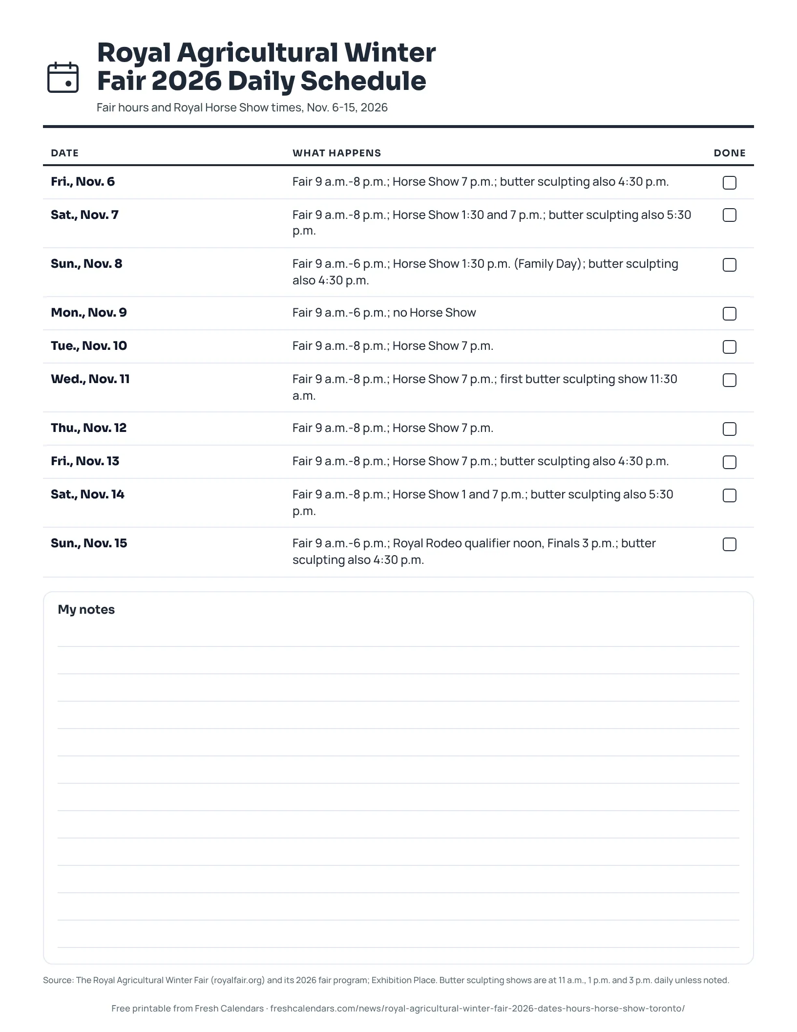 Printable daily schedule for the Royal Agricultural Winter Fair 2026 with fair hours and Royal Horse Show times, ink-saver version