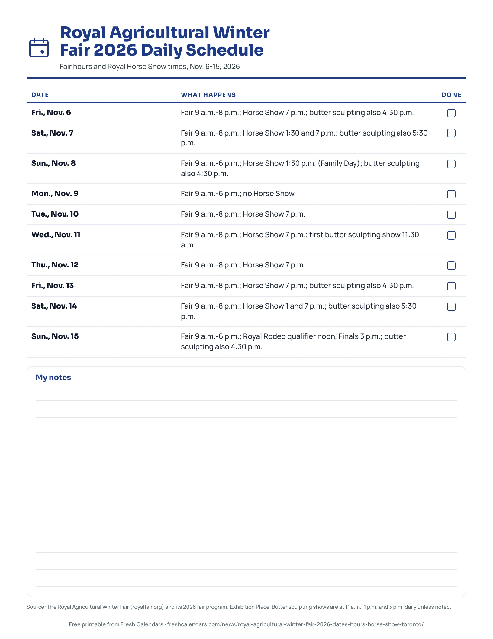 Printable daily schedule for the Royal Agricultural Winter Fair 2026 with fair hours and Royal Horse Show times.
