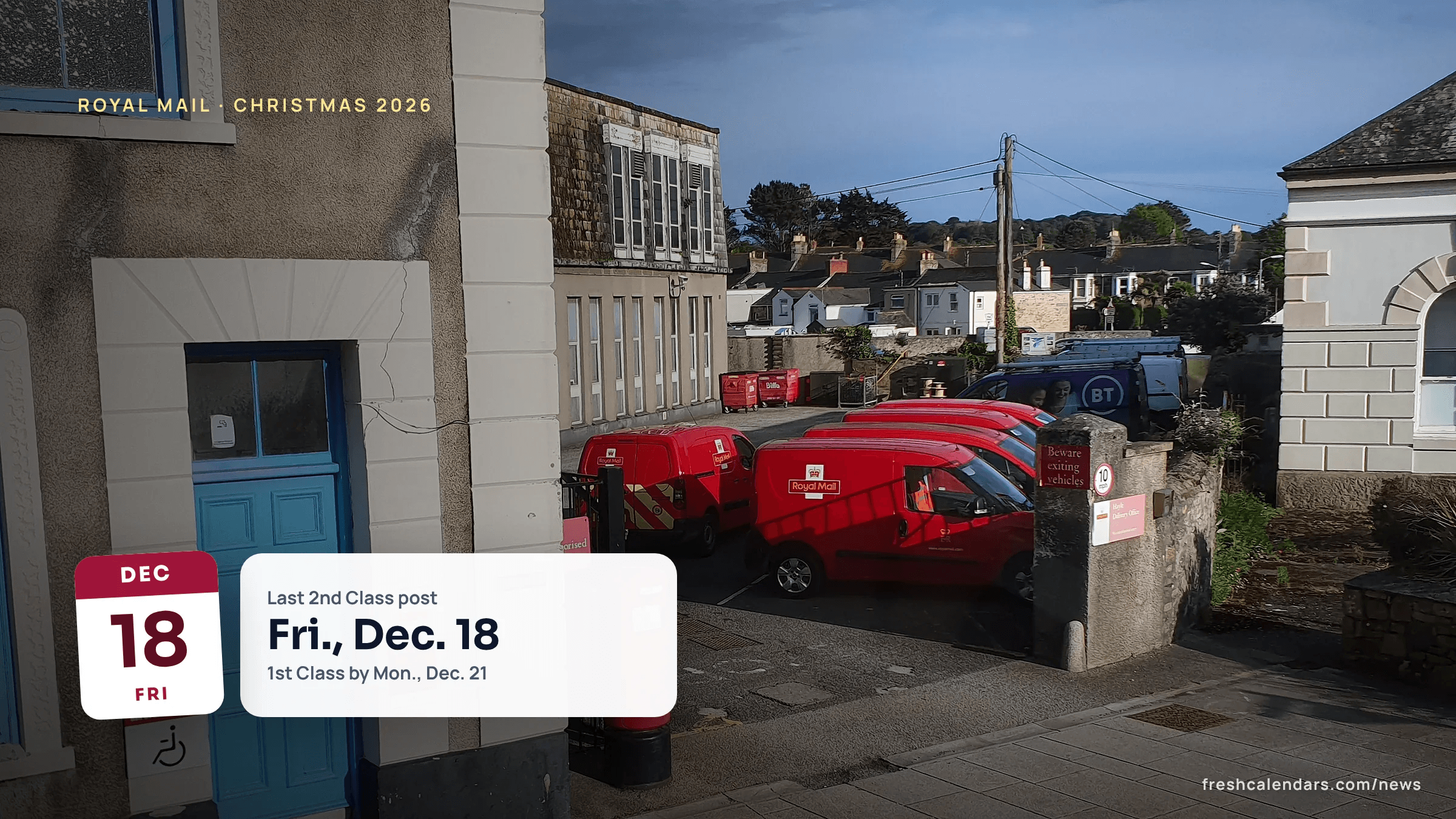 Royal Mail vans and a red pillar box outside a delivery office, file photo, for the Royal Mail last posting dates for Christmas 2026