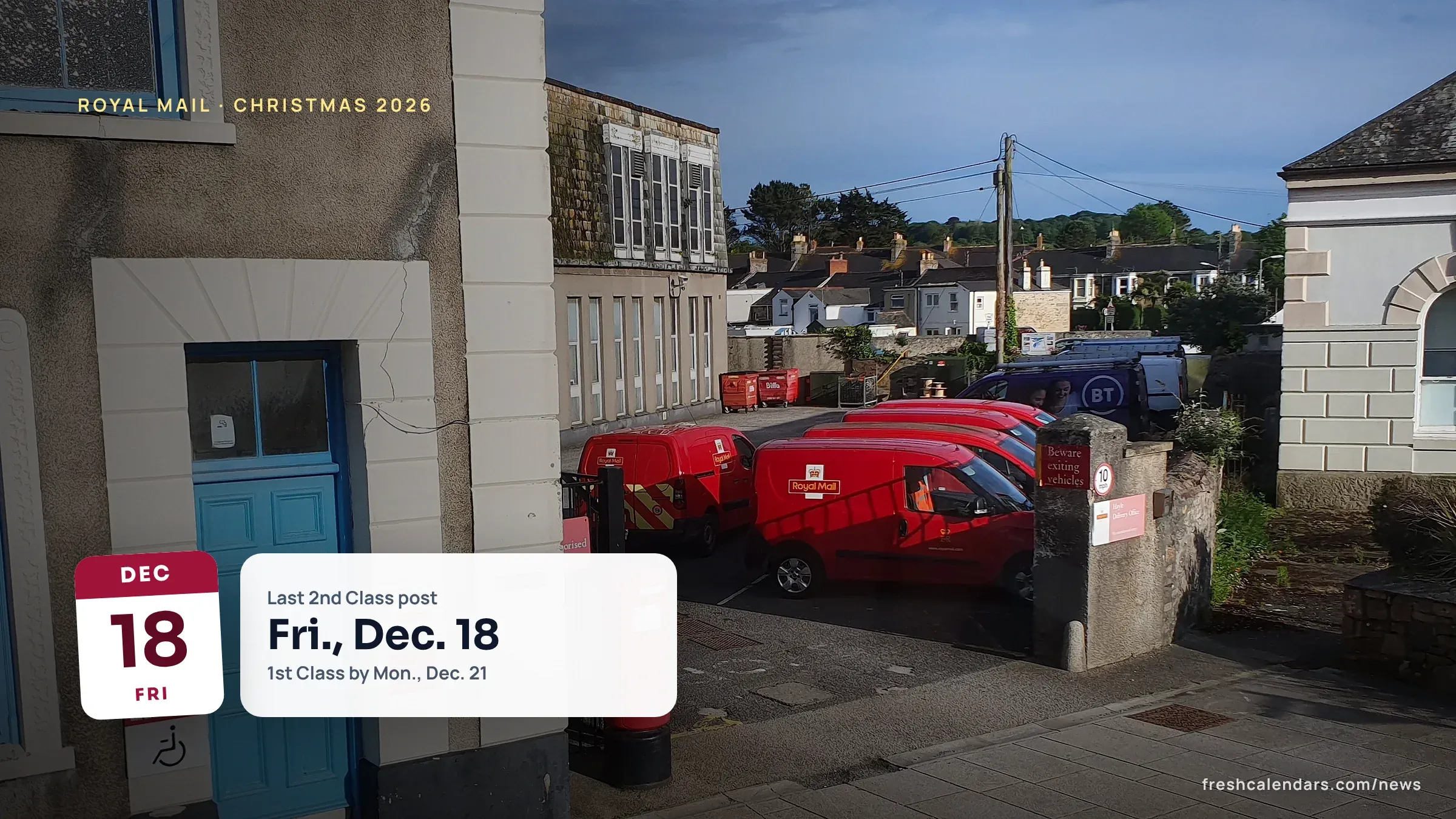 Royal Mail vans and a red pillar box outside a delivery office, file photo, for the Royal Mail last posting dates for Christmas 2026