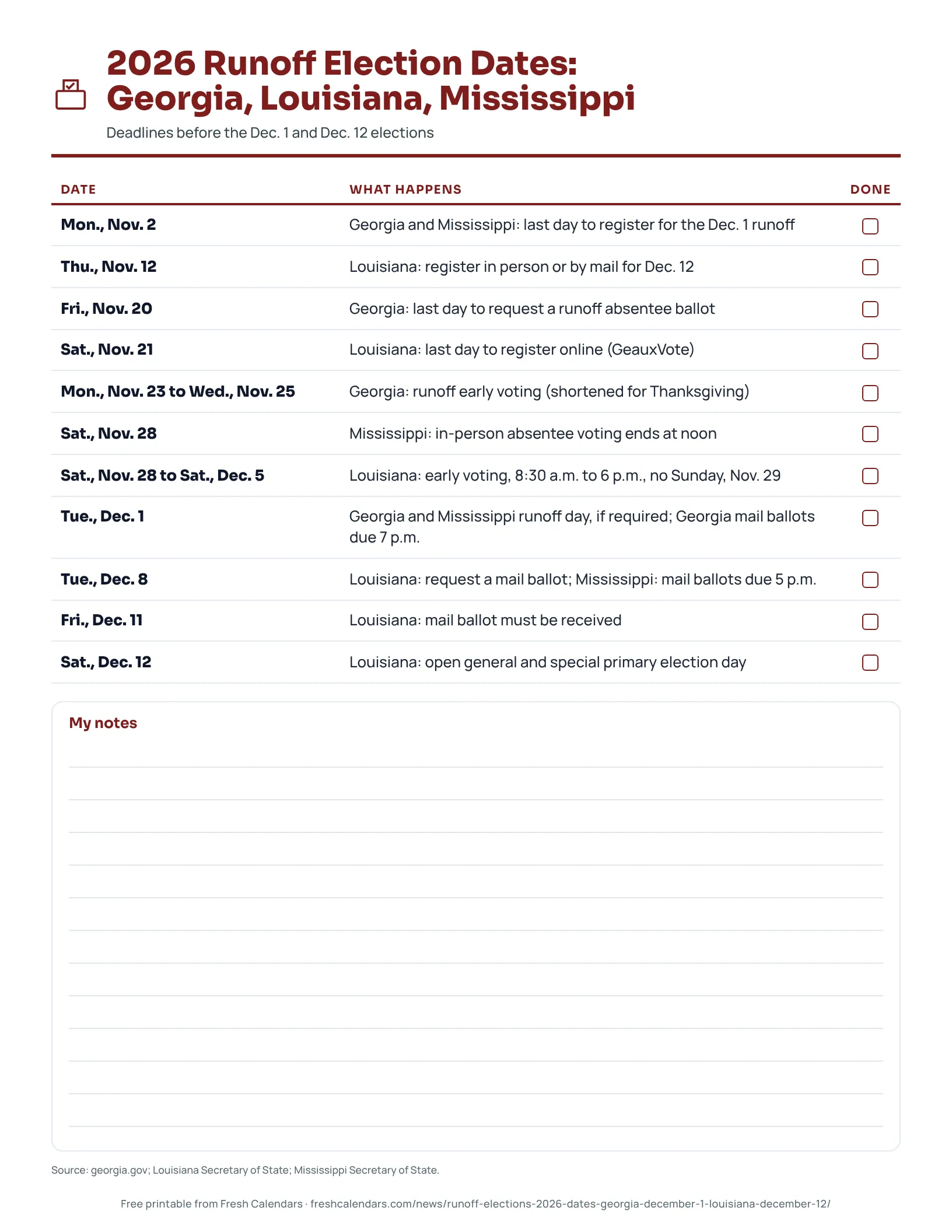 Printable list of 2026 runoff election dates for Georgia, Louisiana and Mississippi