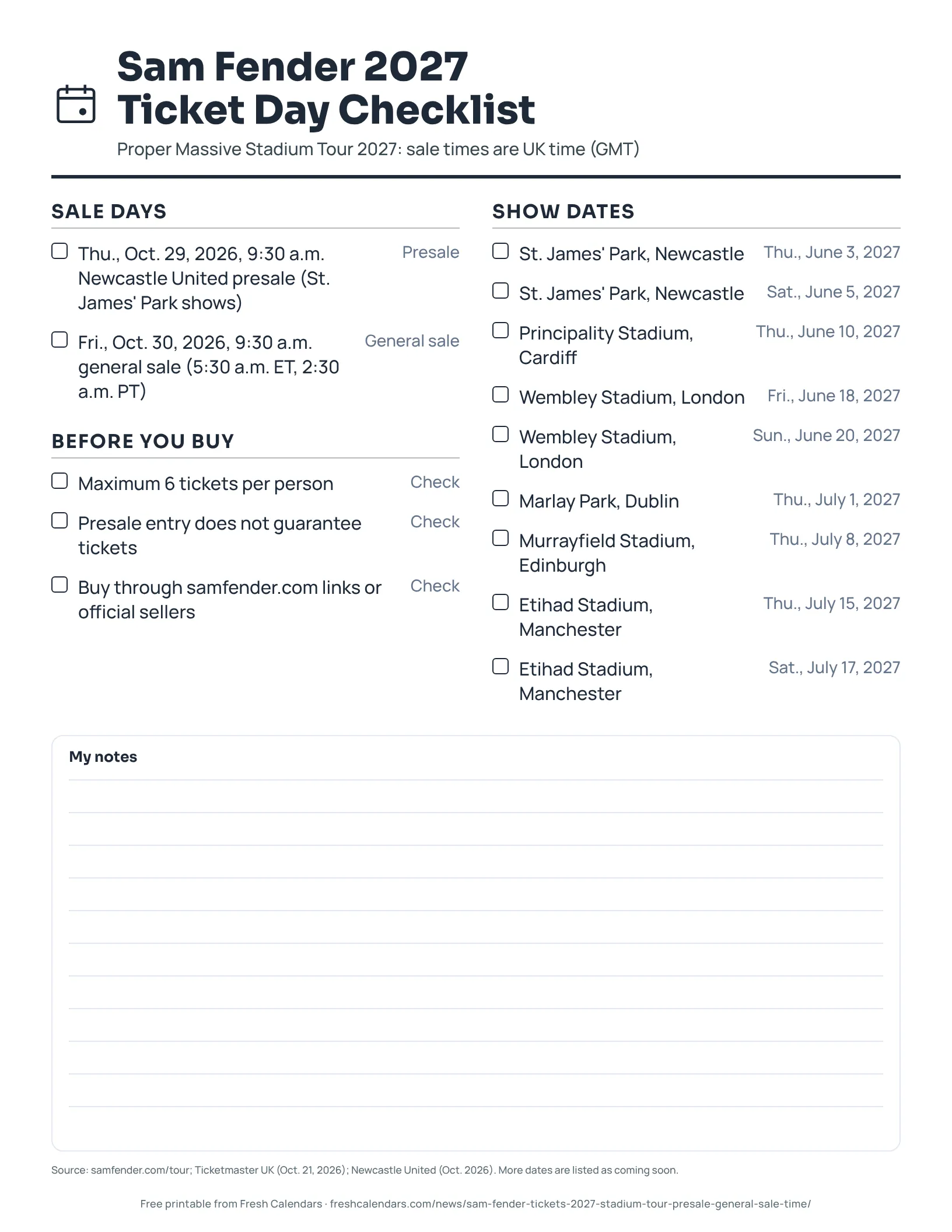 Printable Sam Fender 2027 ticket day checklist with sale times and nine show dates, ink-saver version