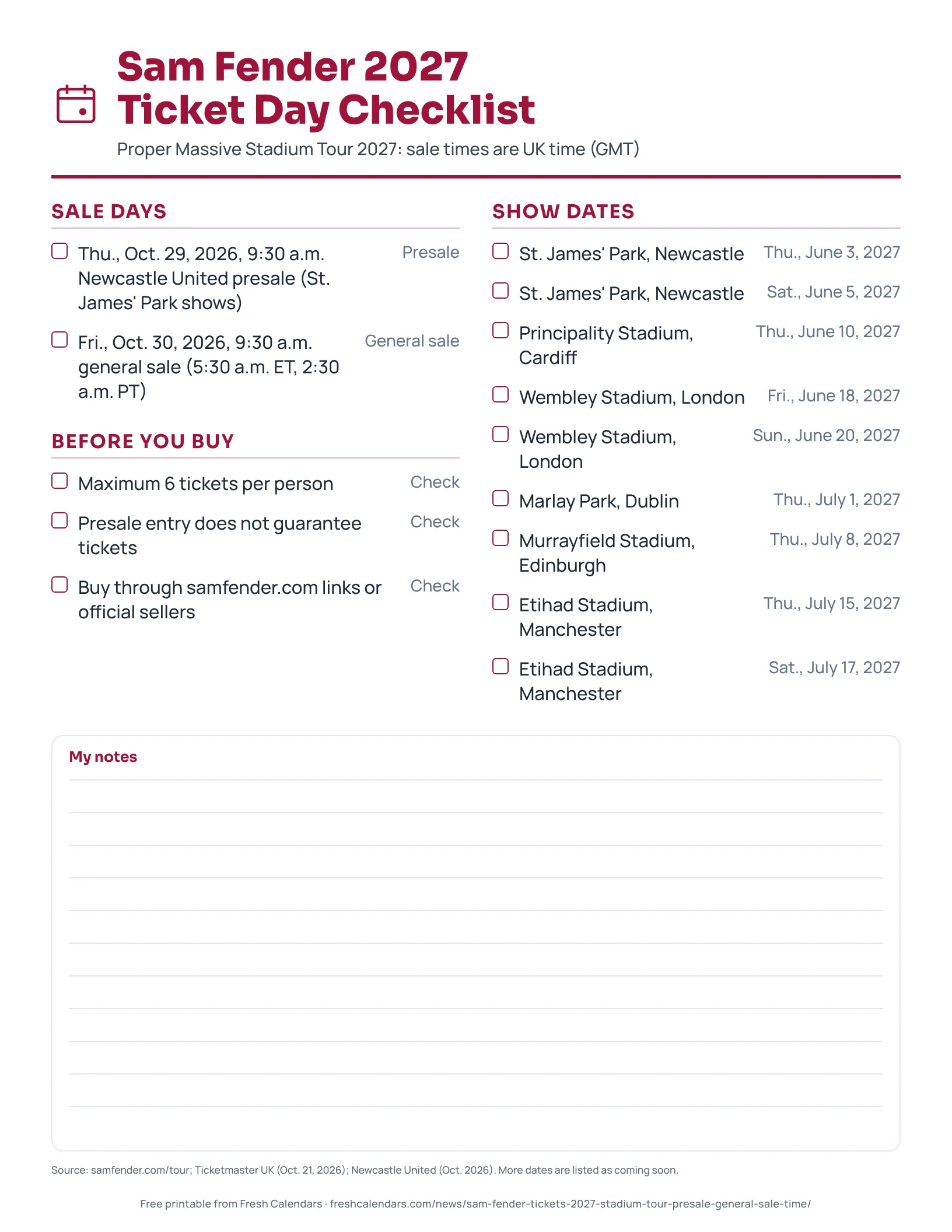 Printable Sam Fender 2027 ticket day checklist with sale times and nine show dates.