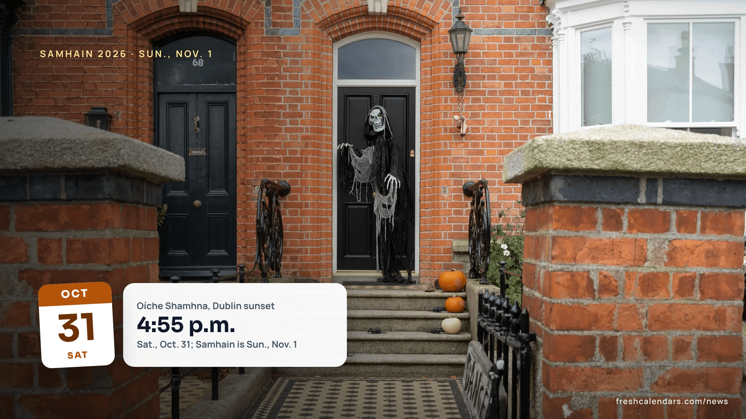 Samhain 2026: a Dublin front door and steps decorated for Halloween with pumpkins and a skeleton figure