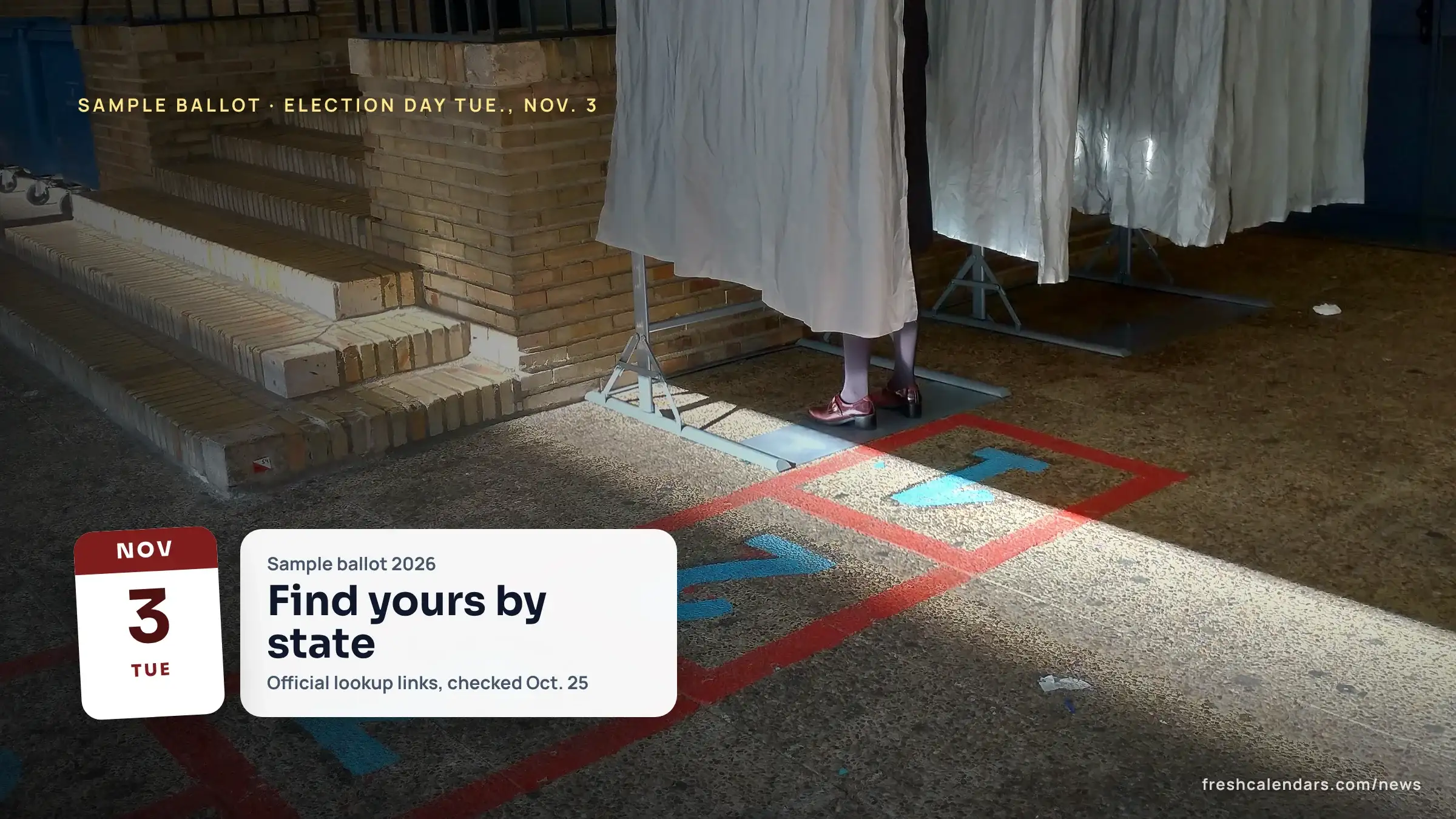 Sample ballot 2026 by state: curtained voting booths in a polling place, with sunlight on the floor