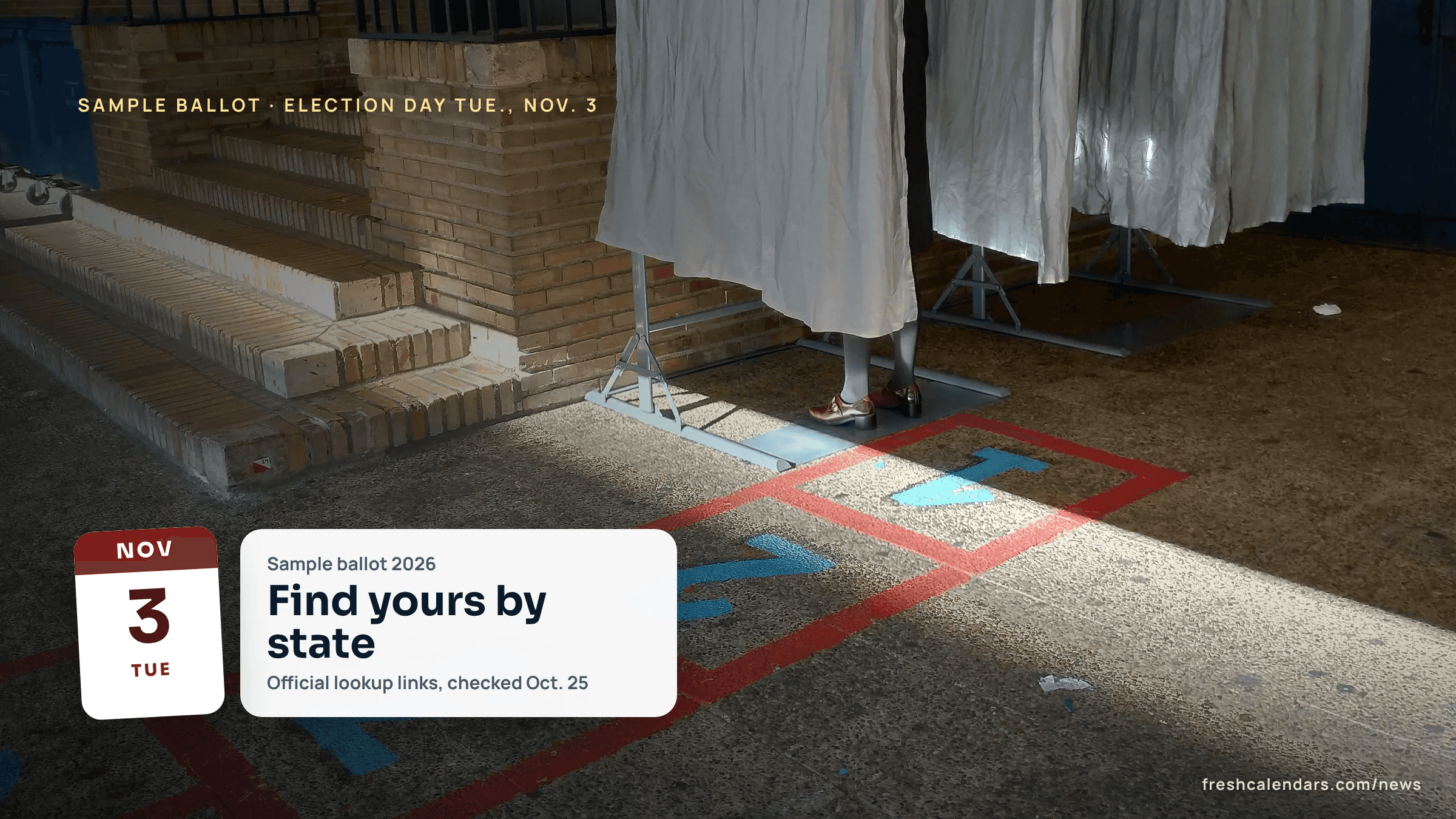 Sample ballot 2026 by state: curtained voting booths in a polling place, with sunlight on the floor