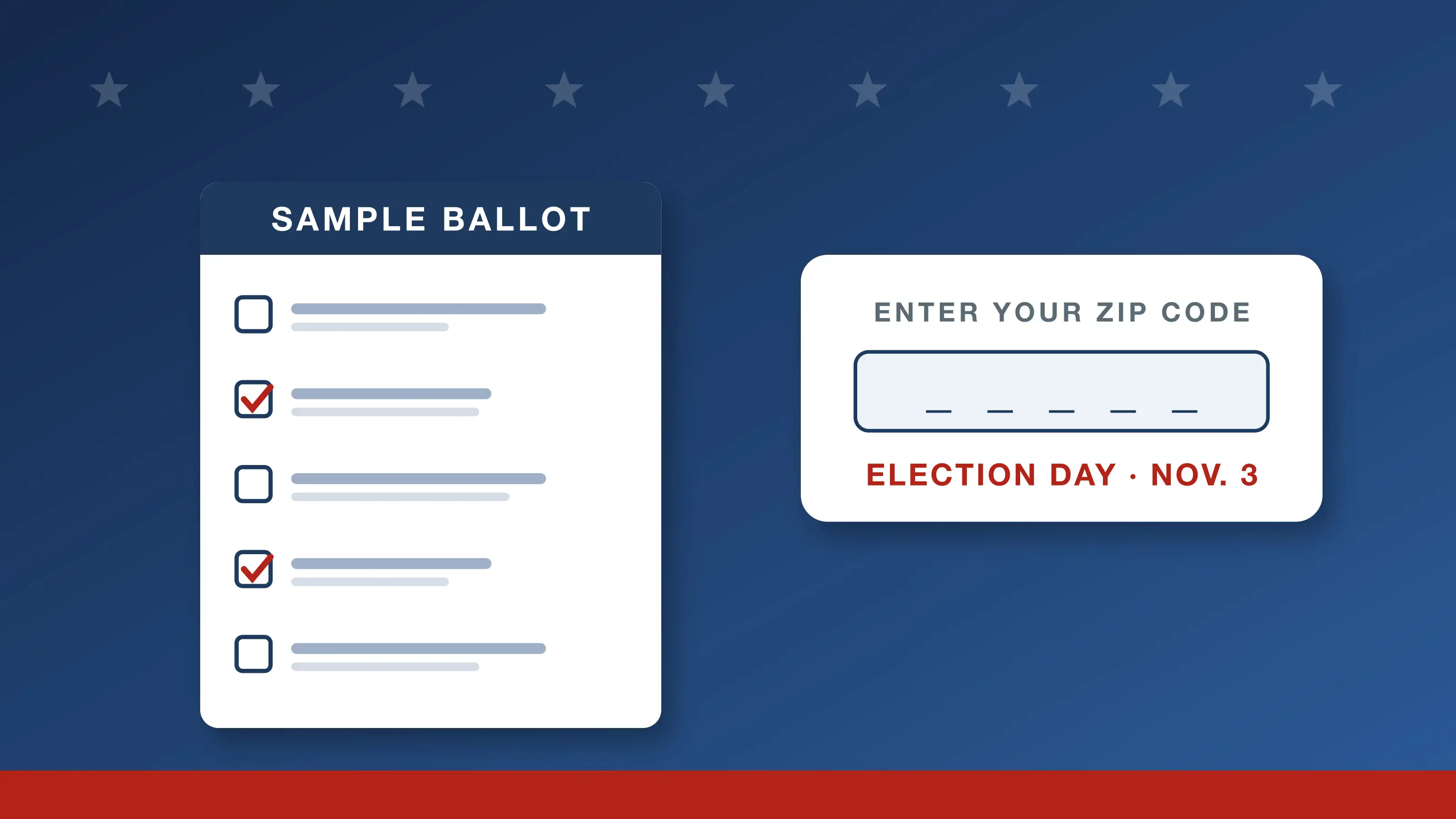 Sample ballot by ZIP code: a sample ballot with checked boxes next to a card reading Enter your ZIP code, Election Day Nov. 3