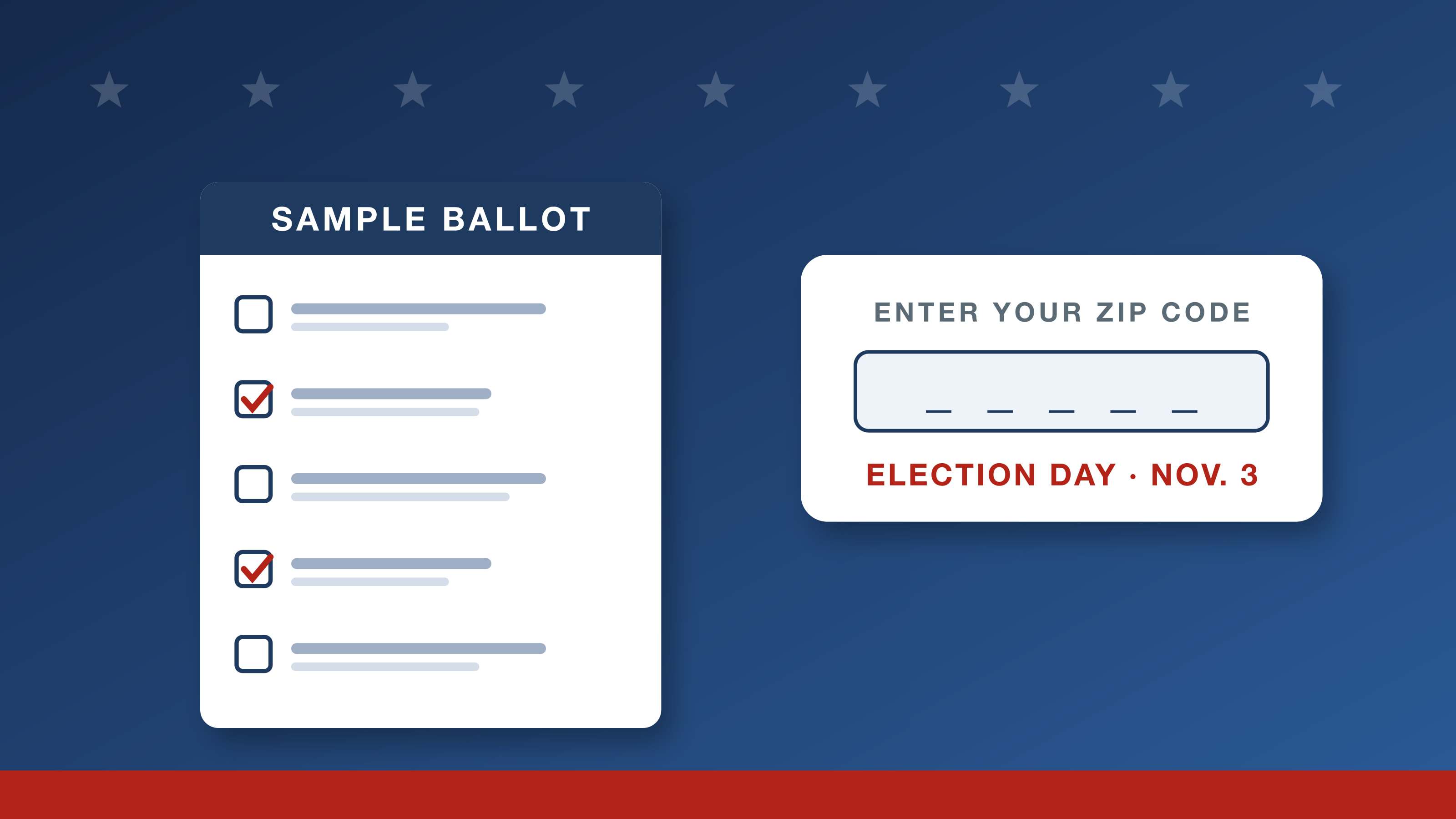 Sample ballot by ZIP code: a sample ballot with checked boxes next to a card reading Enter your ZIP code, Election Day Nov. 3