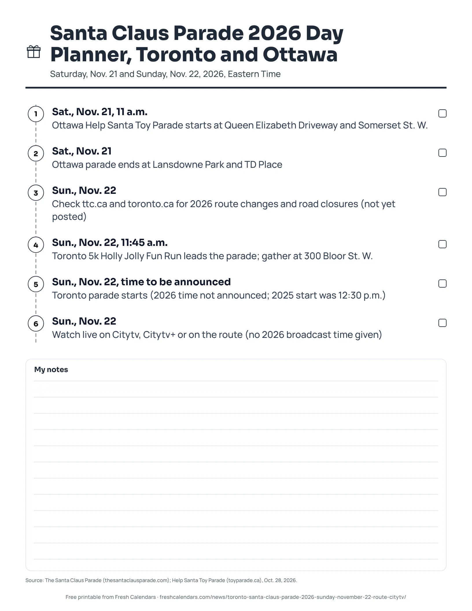Printable Santa Claus Parade 2026 planner for Toronto and Ottawa, ink-saver version