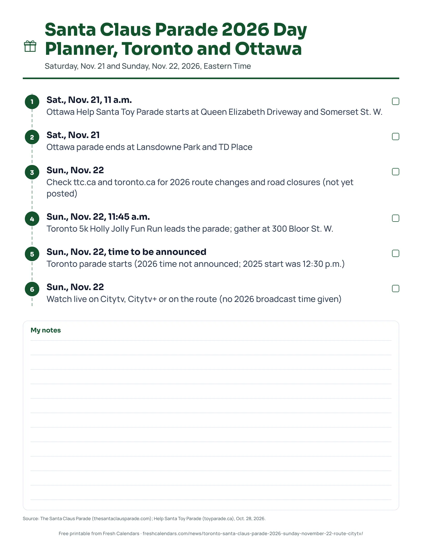 Printable Santa Claus Parade 2026 planner for Toronto and Ottawa.