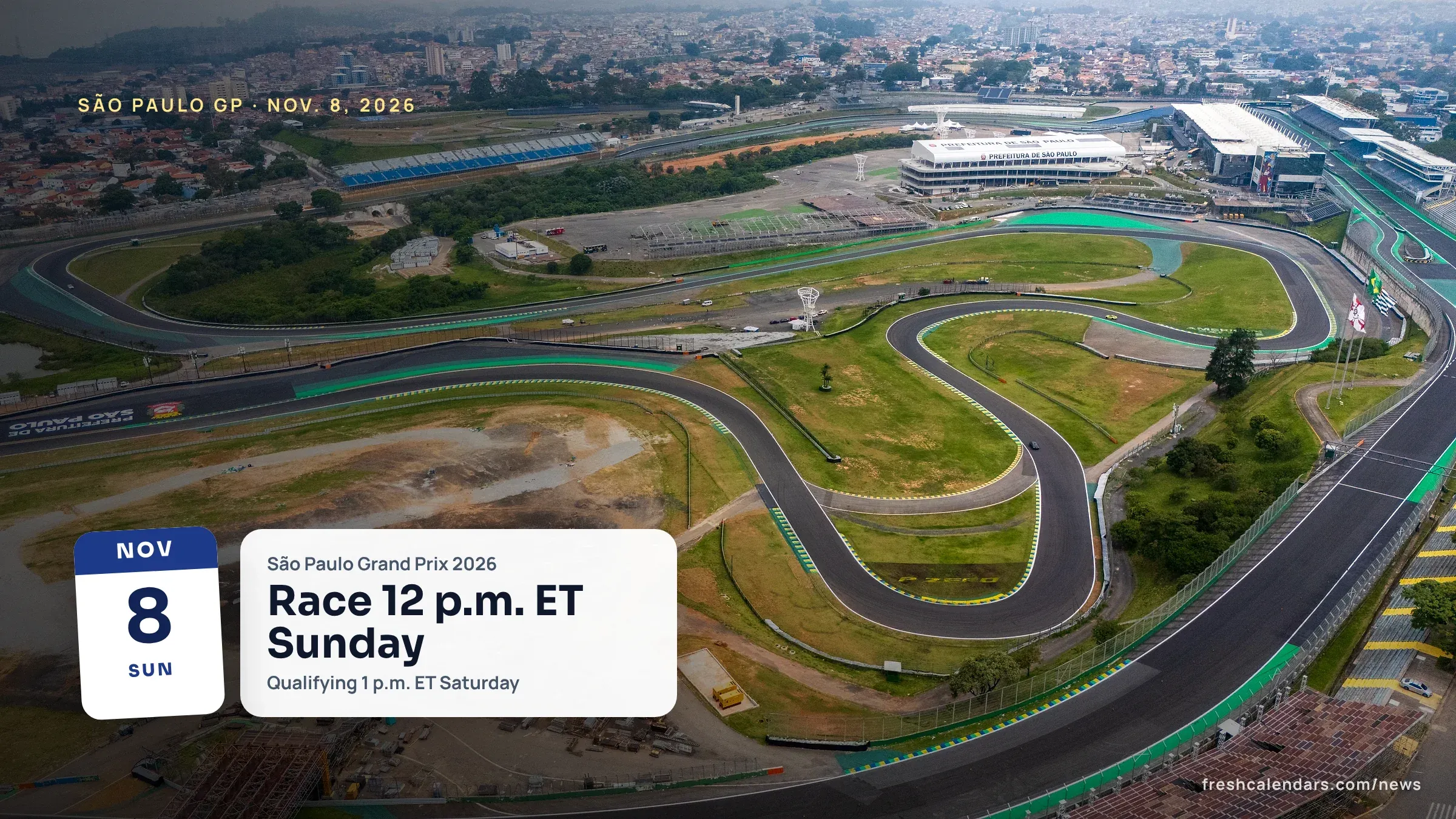 São Paulo Grand Prix 2026: Race Time by U.S. Time Zone on Sunday, Nov. 8, and Full Weekend Schedule Aerial view of the Interlagos circuit in São Paulo, with its curving track and pit buildings