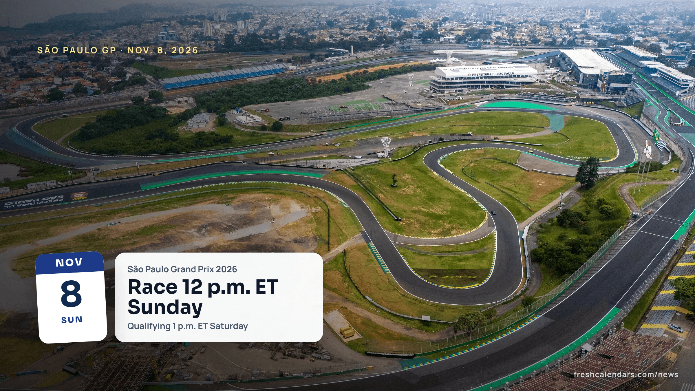 Aerial view of the Interlagos circuit in São Paulo, with its curving track and pit buildings
