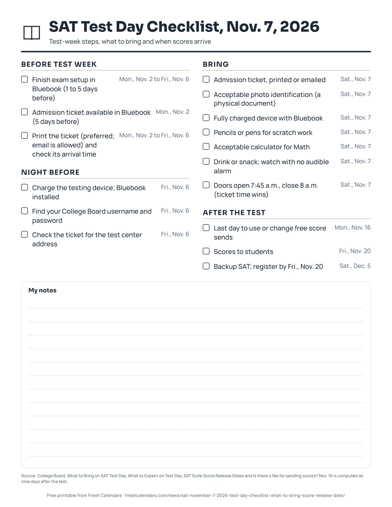 SAT Test Day Checklist, Nov. 7, 2026 (ink saver) SAT test day checklist for Nov. 7, 2026 with tick boxes for test week, the night before, what to bring and after the test, ink-saver version