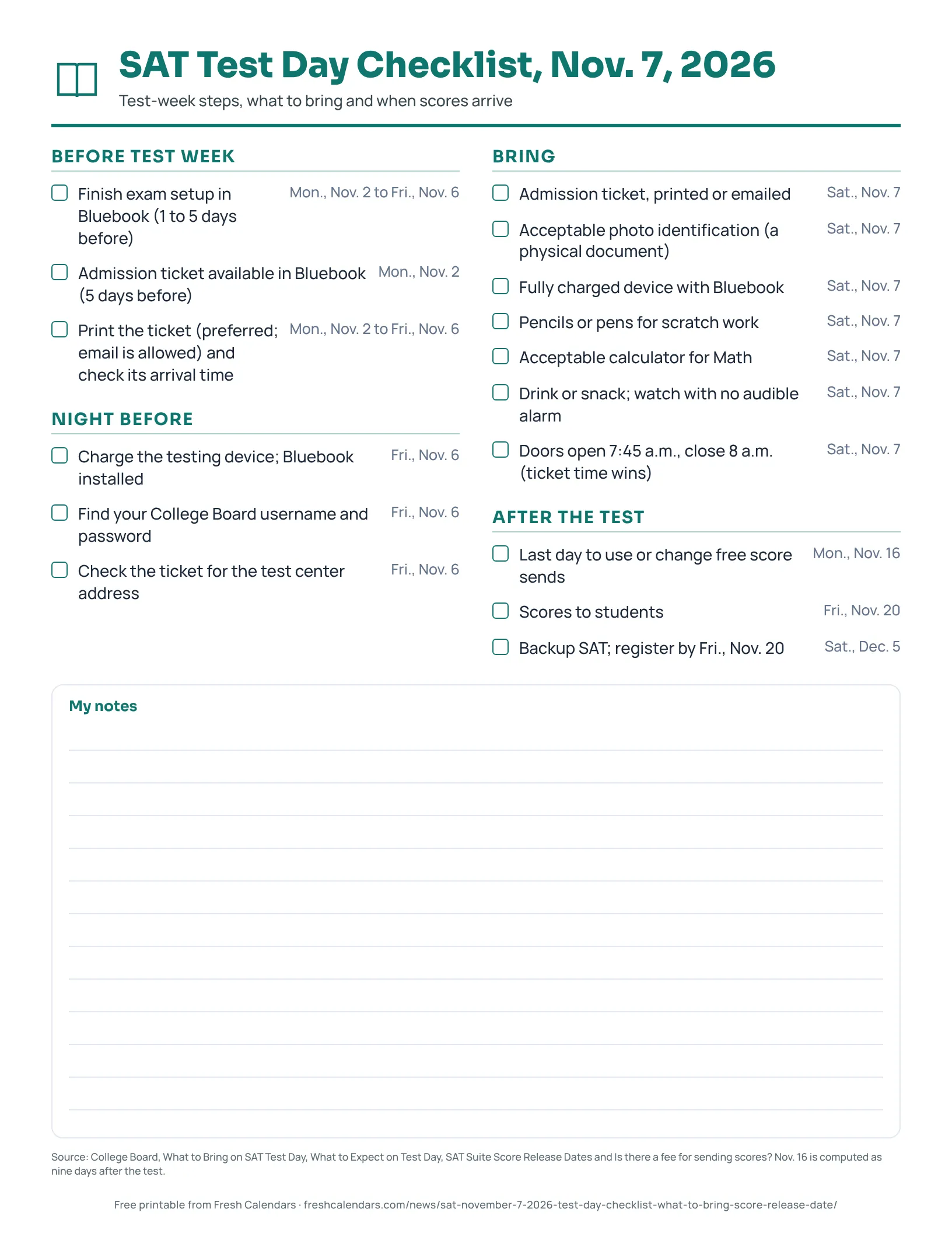 SAT Test Day Checklist, Nov. 7, 2026 SAT test day checklist for Nov. 7, 2026 with tick boxes for test week, the night before, what to bring and after the test