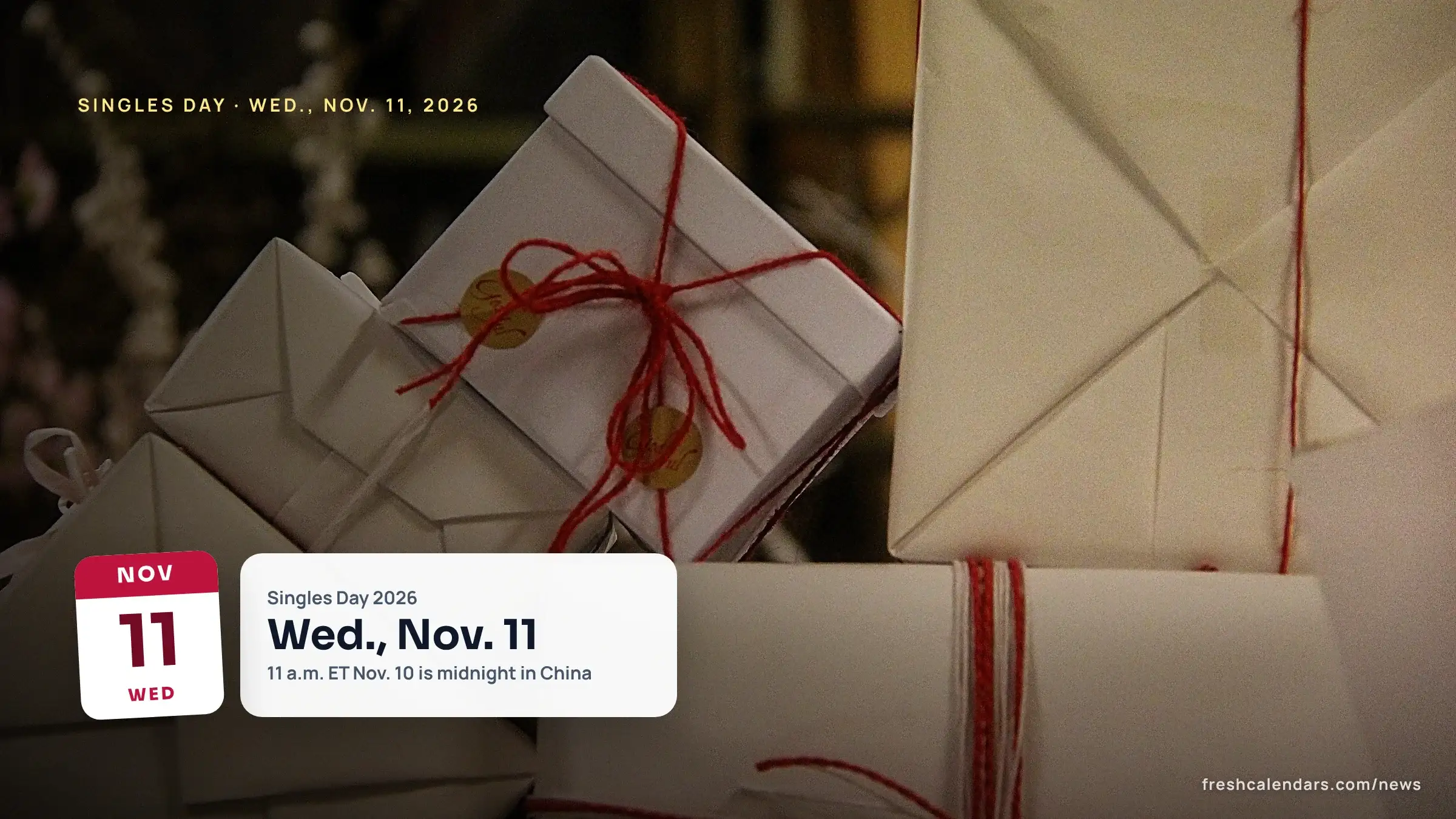 Singles Day 2026 is Wednesday, Nov. 11: a pile of brown paper parcels tied with red string