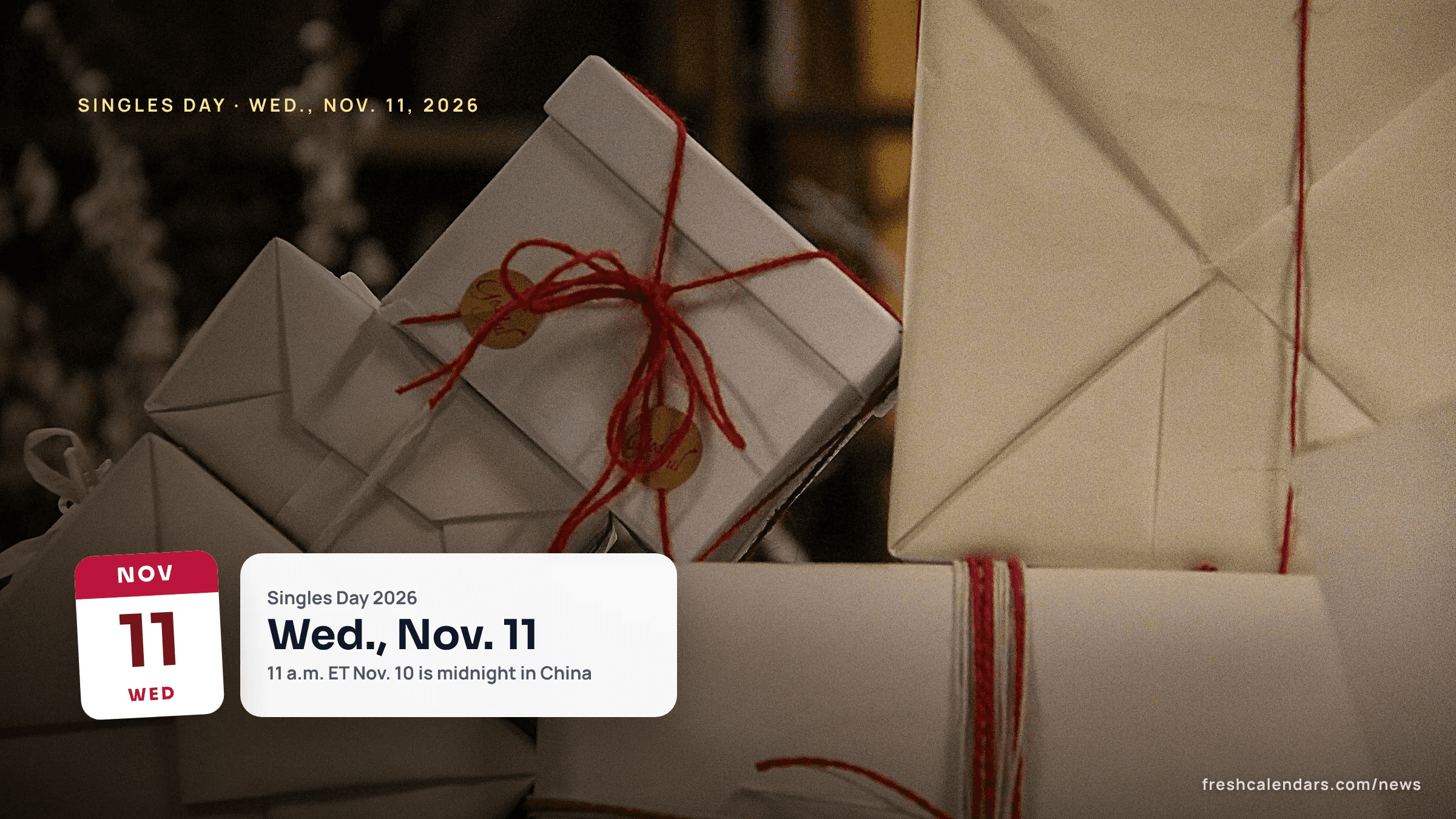 Singles Day 2026 is Wednesday, Nov. 11: a pile of brown paper parcels tied with red string
