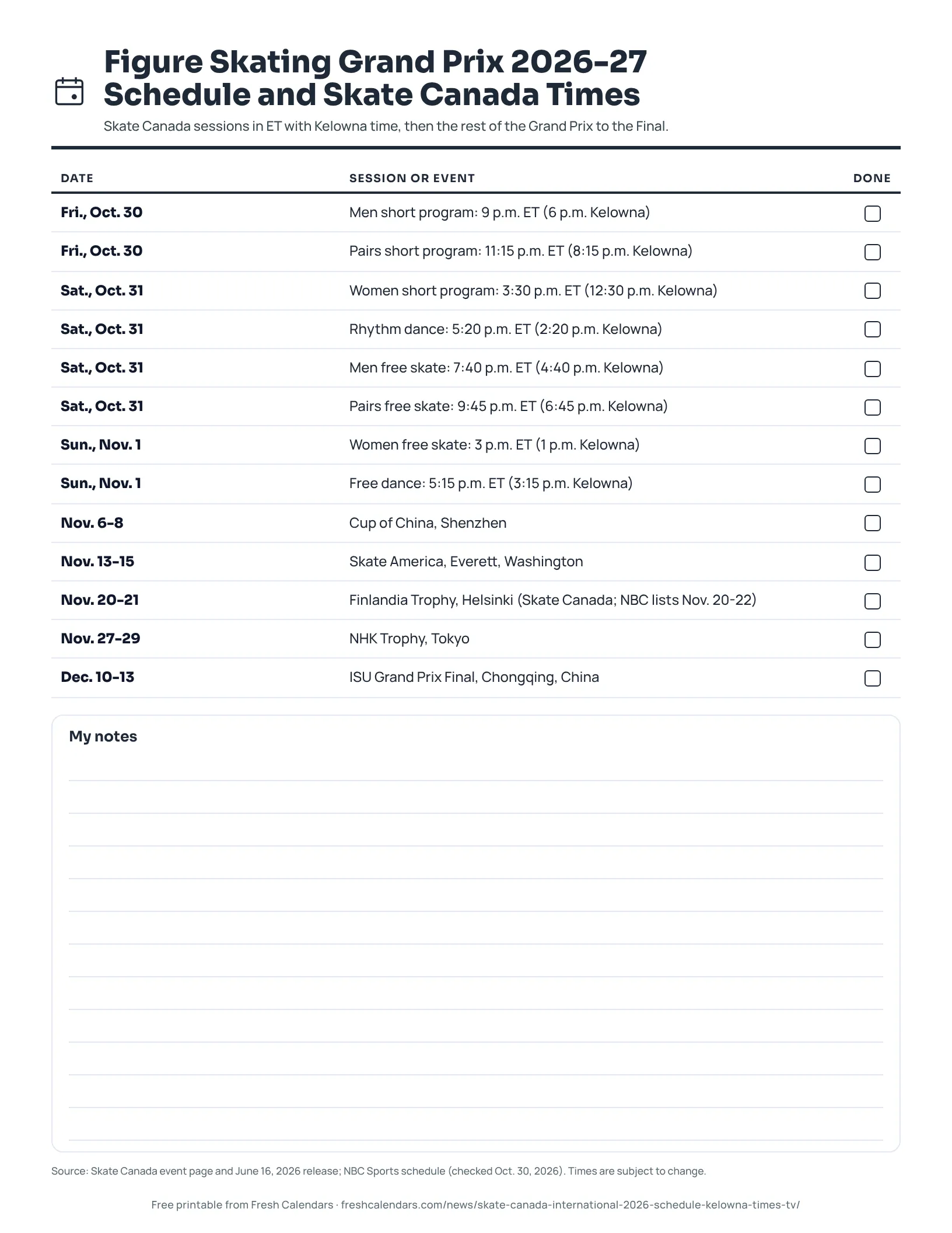 Printable Skate Canada International 2026 schedule and Grand Prix 2026-27 dates, ink-saver version