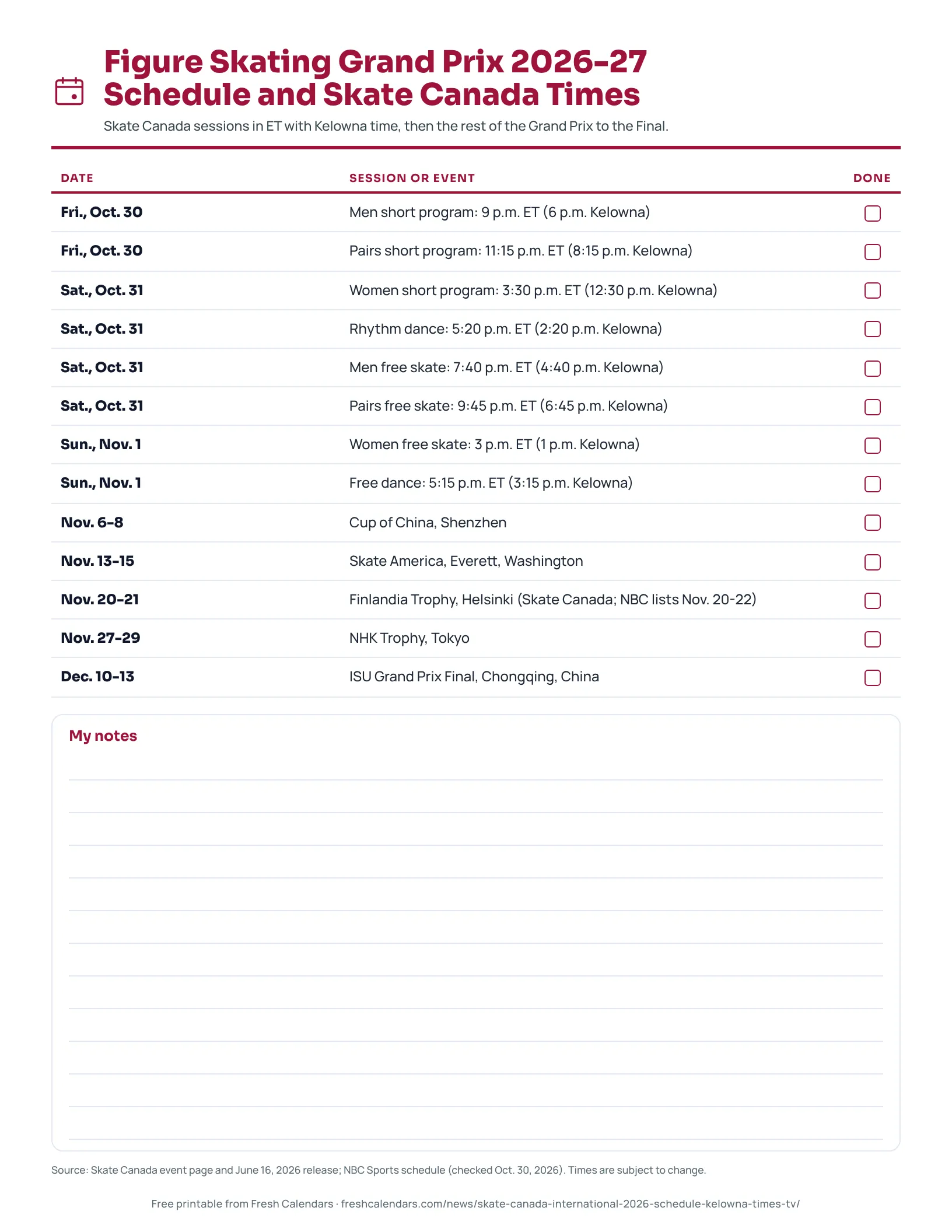 Printable Skate Canada International 2026 schedule and Grand Prix 2026-27 dates