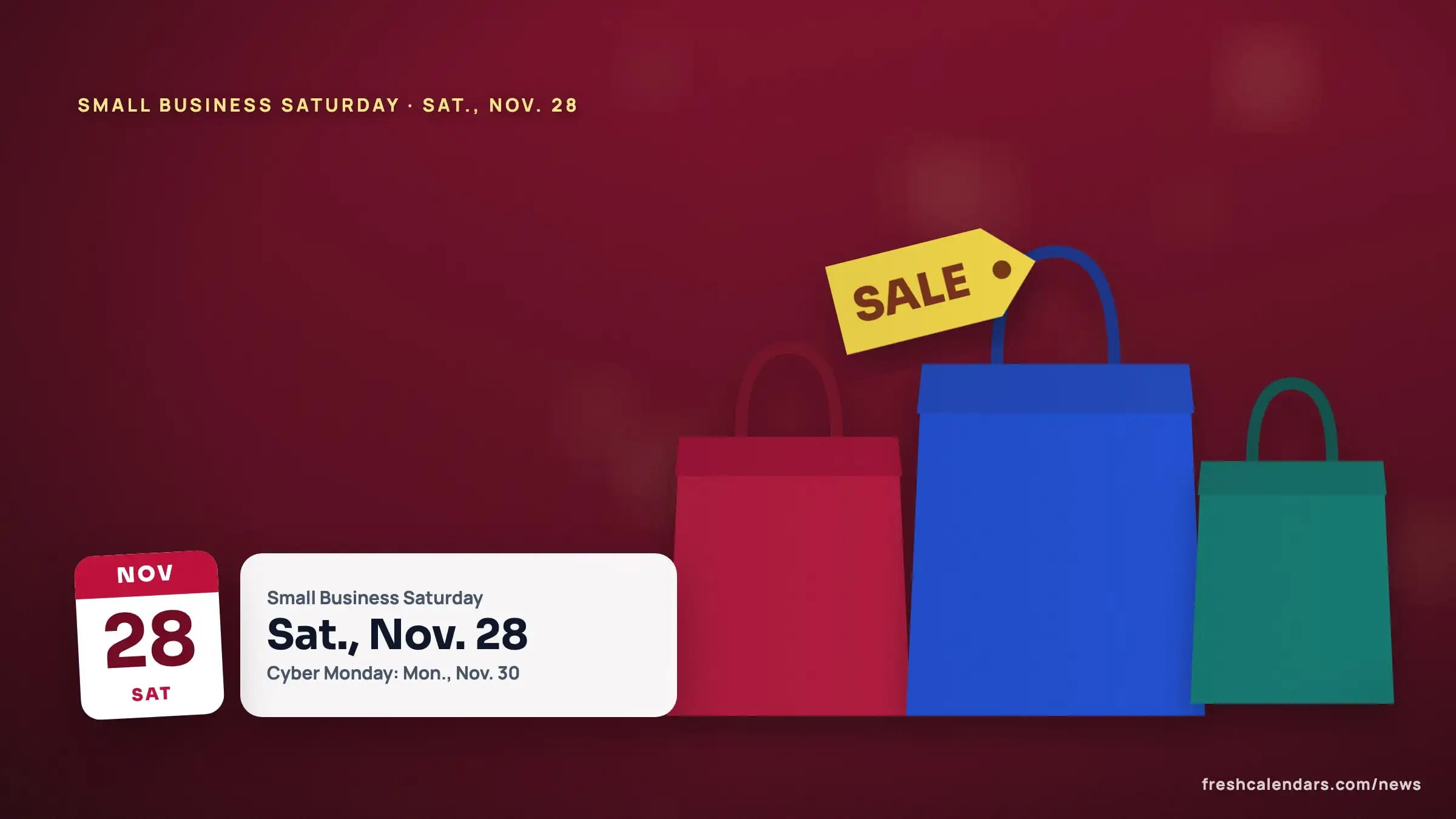 Small Business Saturday 2026 illustration: a shopping scene beside a calendar card for Saturday, Nov. 28