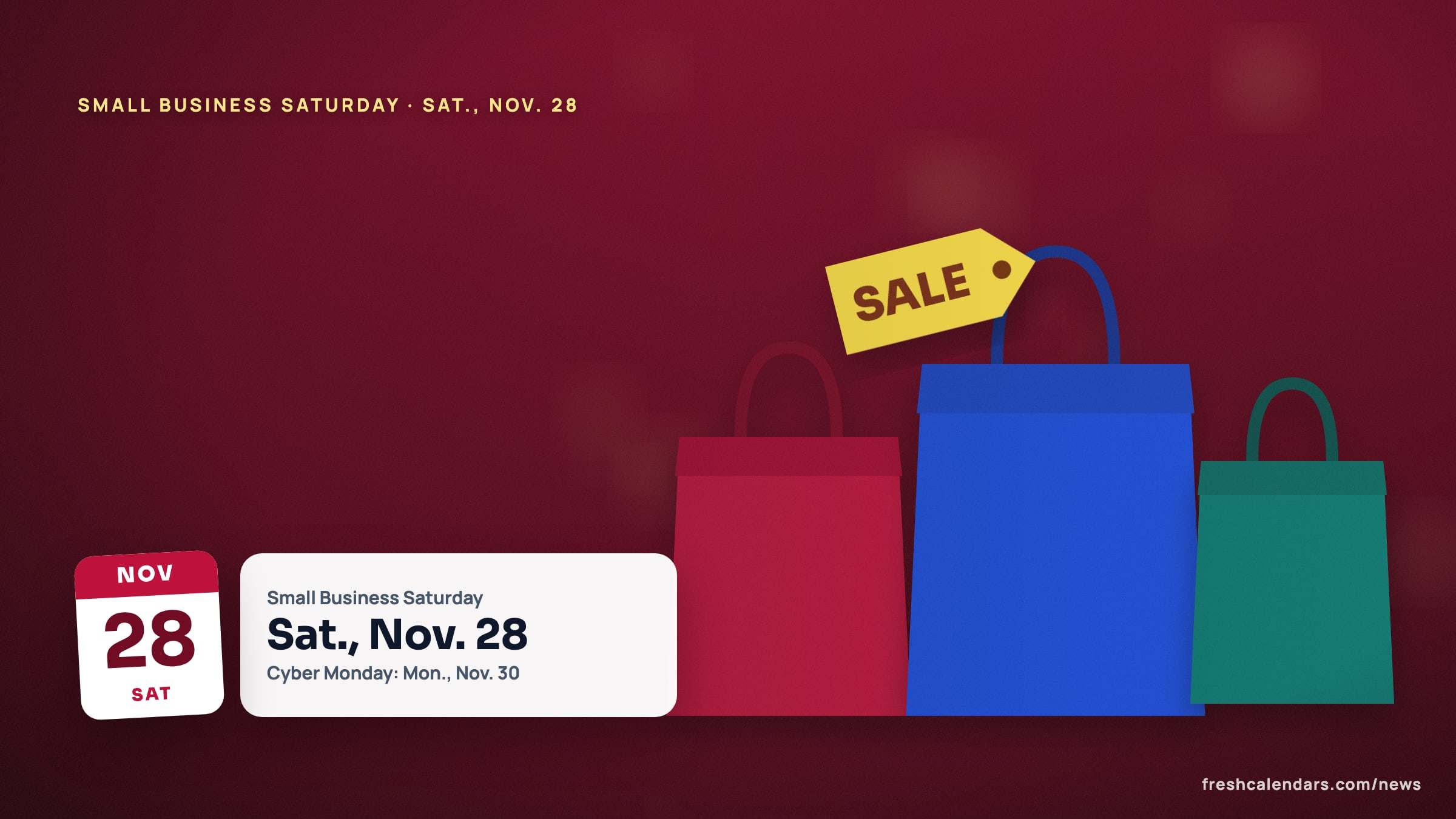 Small Business Saturday 2026 illustration: a shopping scene beside a calendar card for Saturday, Nov. 28