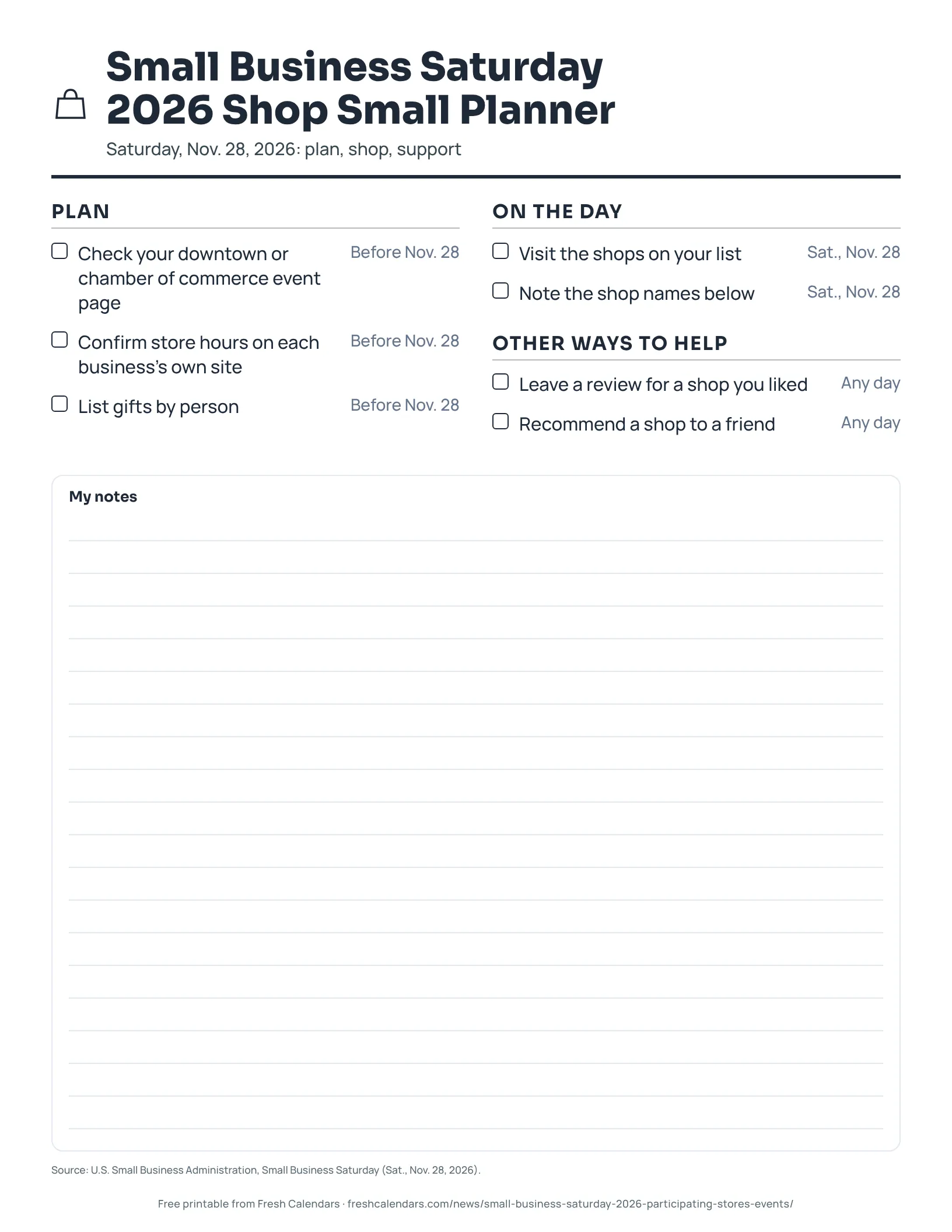 Small Business Saturday 2026 Shop Small Planner (ink saver) Printable Small Business Saturday 2026 shop small planner checklist, ink-saver version