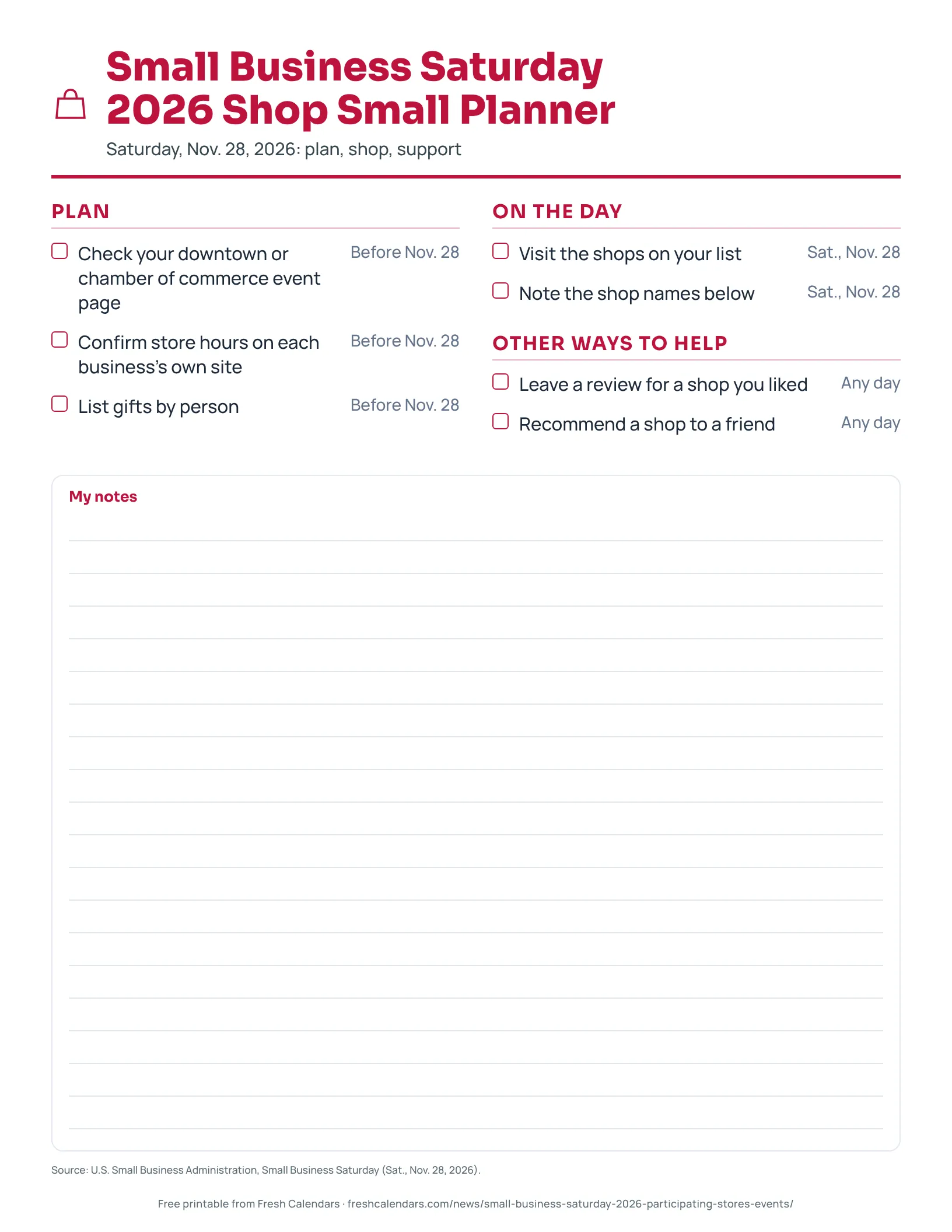 Small Business Saturday 2026 Shop Small Planner Printable Small Business Saturday 2026 shop small planner checklist