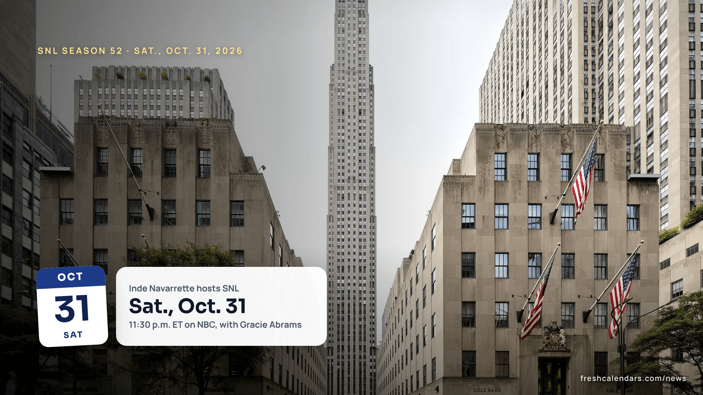 SNL hosts November 2026: 30 Rockefeller Plaza in New York, home of NBC and Saturday Night Live, seen from Fifth Avenue
